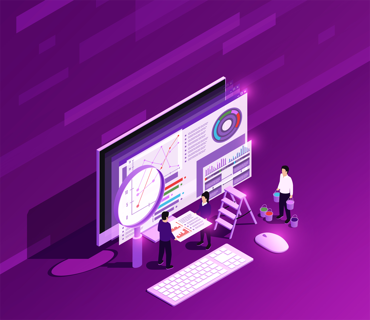 People working on data analysis with charts, graphs, and a magnifying glass on a large screen, in a digital workspace with purple background.