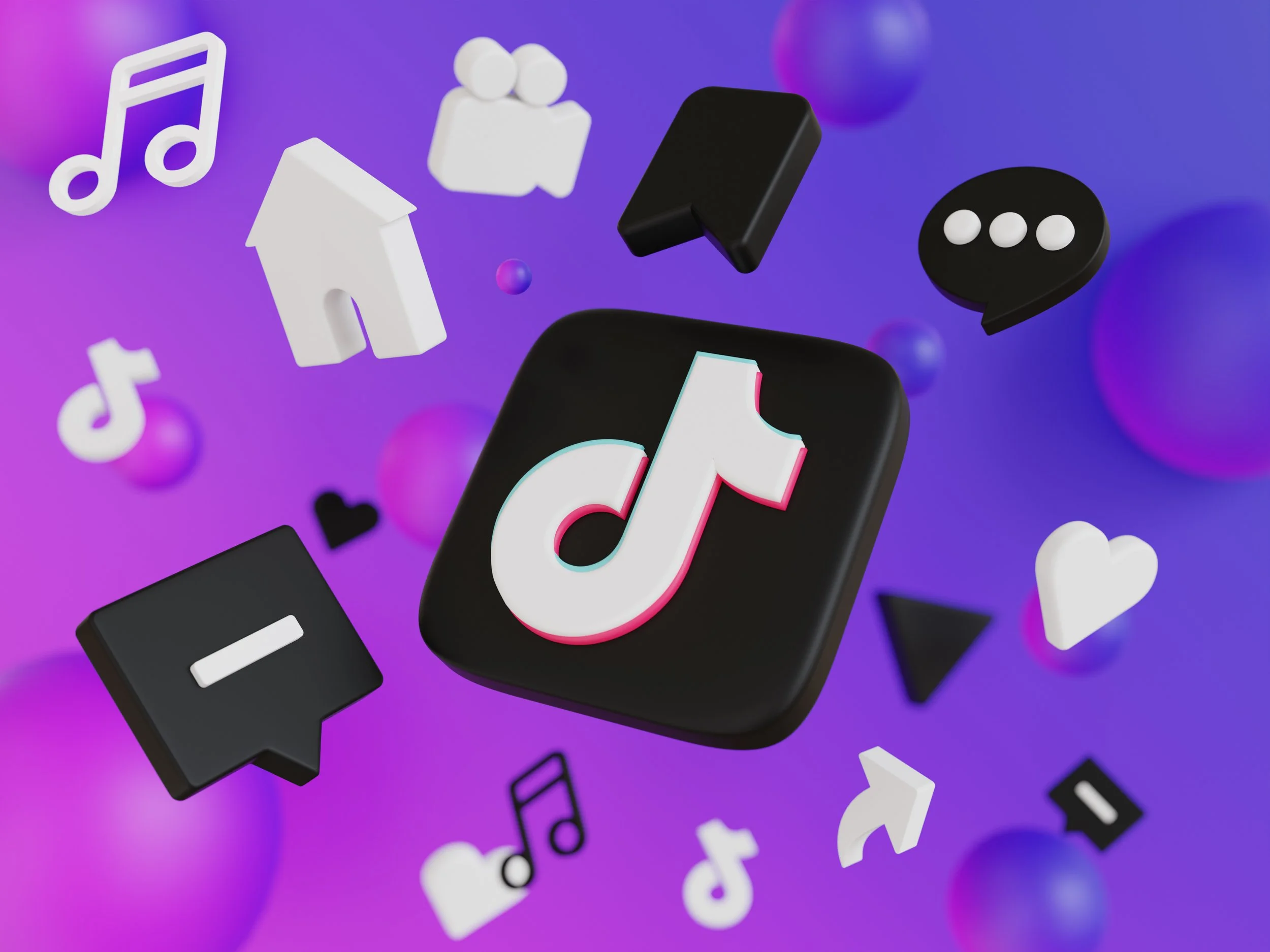 Digital illustration of the TikTok app logo surrounded by musical notes, speech bubbles, hearts, and geometric shapes on a purple and pink gradient background.