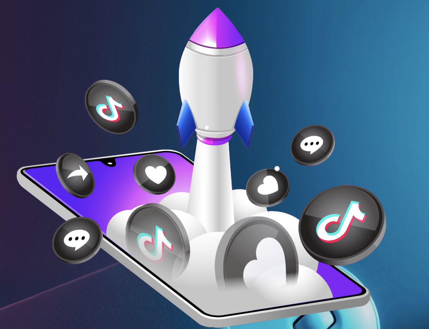 A digital illustration of a smartphone and a rocket taking off from it, with floating social media icons including TikTok, hearts, comments, and share symbols, against a blue background.