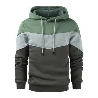 Color-blocked hooded sweatshirt with green, light gray, and dark gray sections and drawstrings.