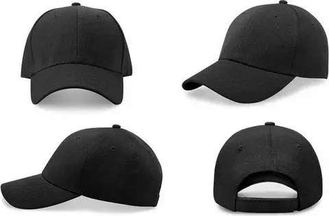 Four black baseball caps shown from different angles.