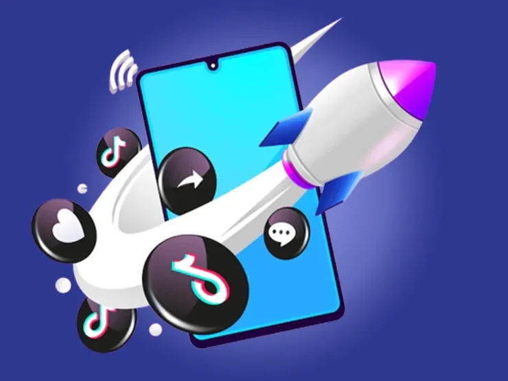 A smartphone with social media app icons, a rocket, and a white trail indicating fast growth or launch against a blue background.