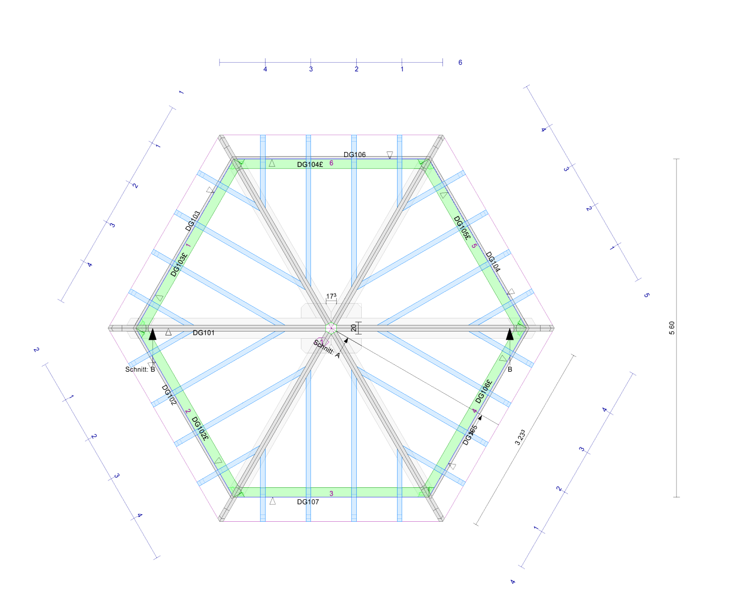 Technischer Bauplan eines zylindrischen Gebäudes mit Diagrammzeichnungen, Maßen und Beschriftungen in deutschen Begriffen.
