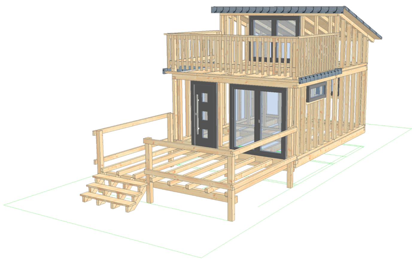3D-Modell eines Holzhauses mit Terrasse und Balkon, detaillierte Holzstruktur, große Fenster, teilweise montiert.