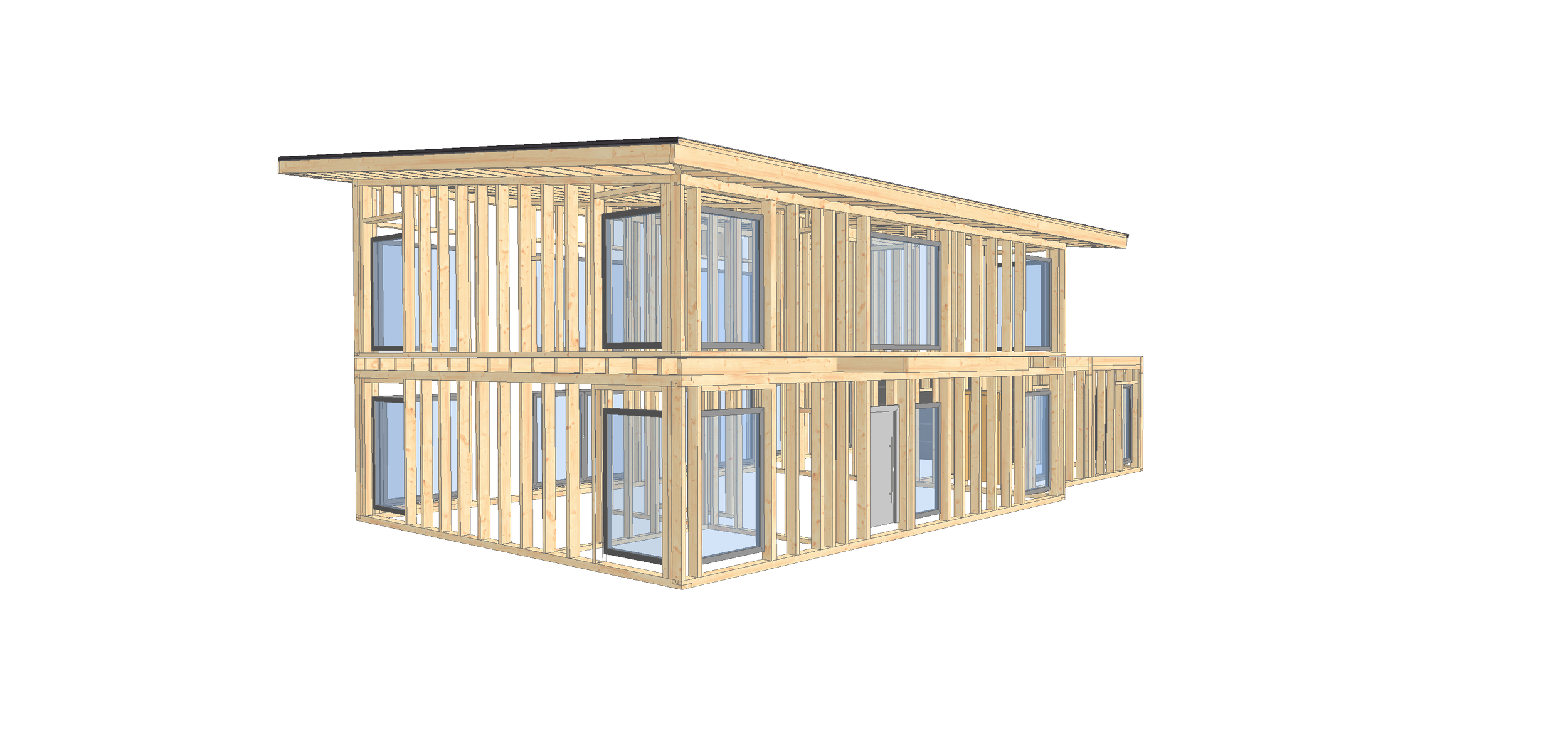 Zeichnung eines zweistöckigen Holzhauses im Rohbau mit sichtbaren Fensterrahmen und Dachsparren