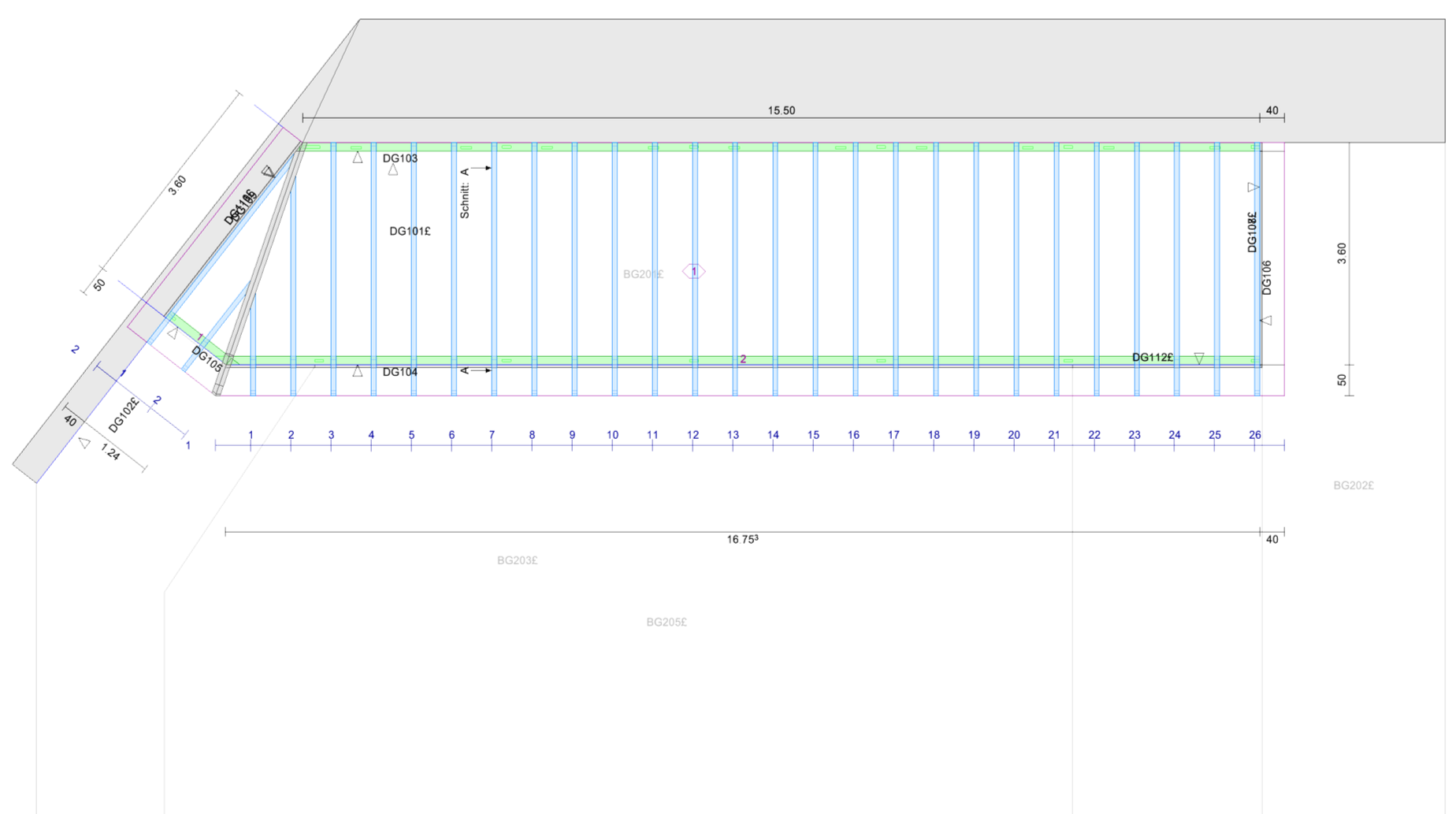 Technischer Grundriss eines Gebäudes mit Abmessungen, Wänden, Türen und anderen Bauzeichnungen. Die Zeichnung enthält Maßangaben in Metern und farbige Linien, die verschiedene Strukturelemente darstellen.
