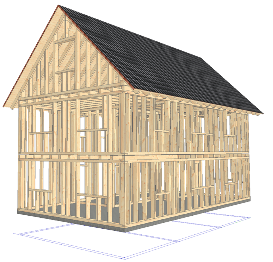 Ein 3D-Modell eines mehrstöckigen Holzhauses im Rohbau mit schwarzem Satteldach.