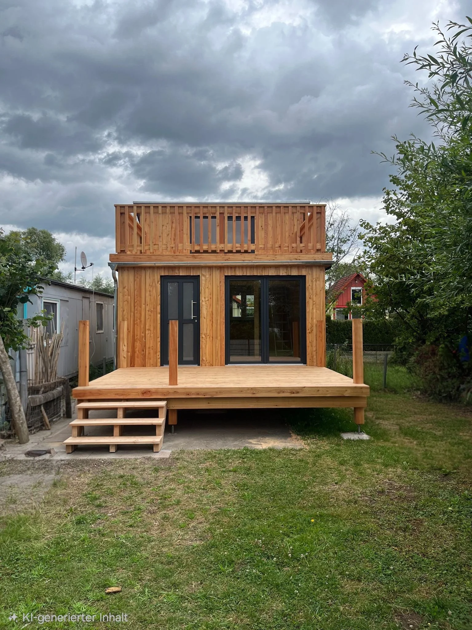 Ein modernes, zweistöckiges Holzhaus mit großer Bodenfläche im Garten. Das Haus hat eine obere Terrasse mit Geländer und große Fenster- und Türflächen auf der unteren Etage. Der Himmel ist bewölkt.
