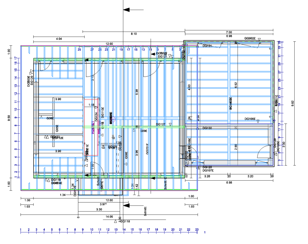 Technischer Bauplan eines Holzgerüsts mit Maßangaben und Beschriftungen.