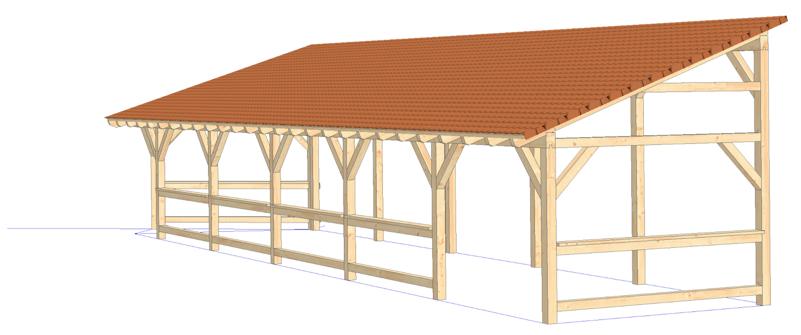 Grafische 3D-Darstellung eines Holzrahmen-Gartenhauses mit Satteldach, Fundament, Wandrahmen und Dachziegeln, ausgerichtet nach links