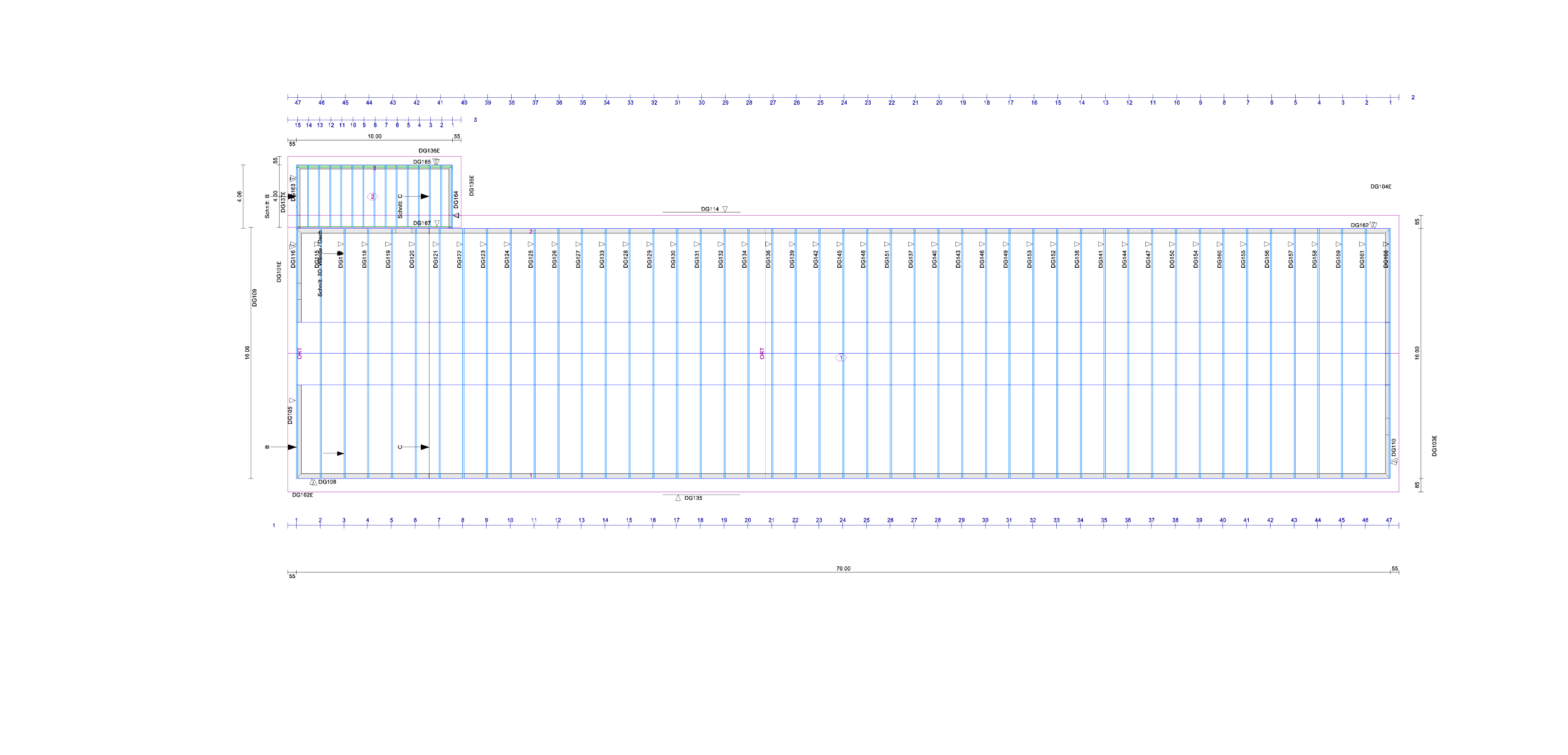 Technischer Bauplan eines Gebäudes mit Grundriss und Maße in digitaler Ansicht.