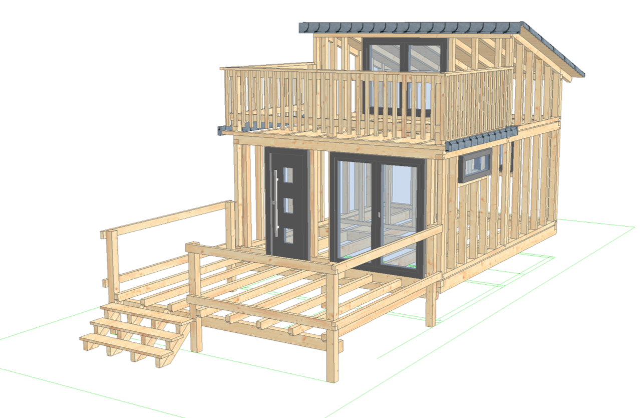 3D-Modell eines zweistöckigen Holzhauses mit Terrasse und Balkon, große Fensterflächen, Holzboden und Satteldach.