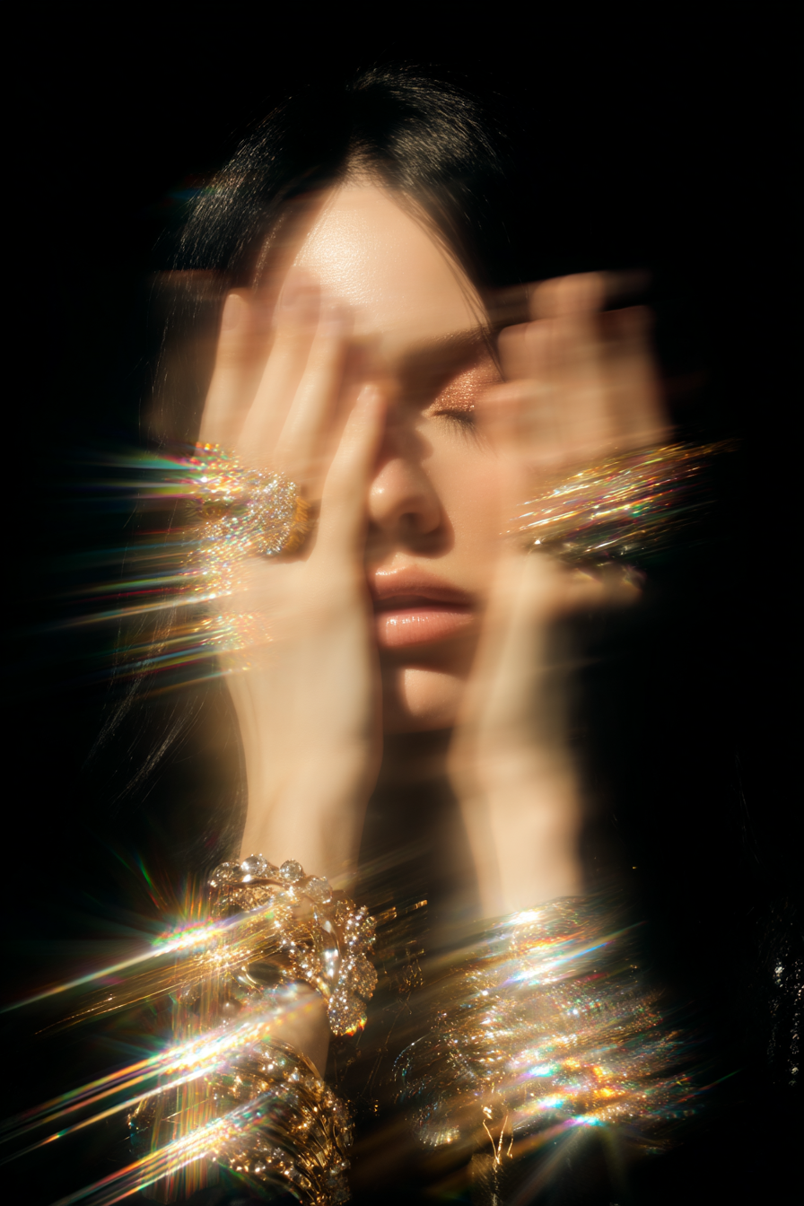 High fashion close-up of a woman's face adorned with gold jewelry, holding her hands in front of her face. The image has an artistic, technical effect with light reflections. AI generated image created by CMO Studios.