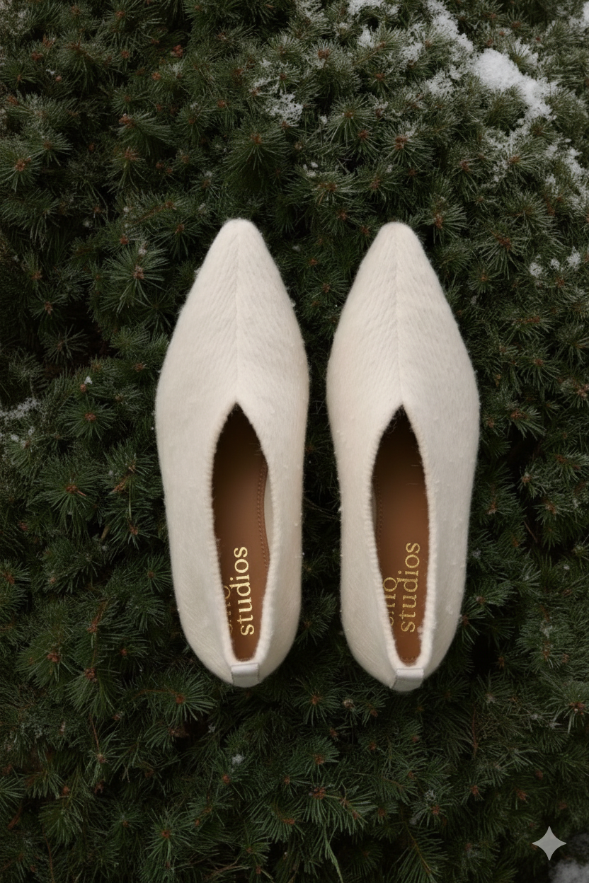 A pair of white, pointed shoes on a green fir tree base, added with customers logo and AI generated.