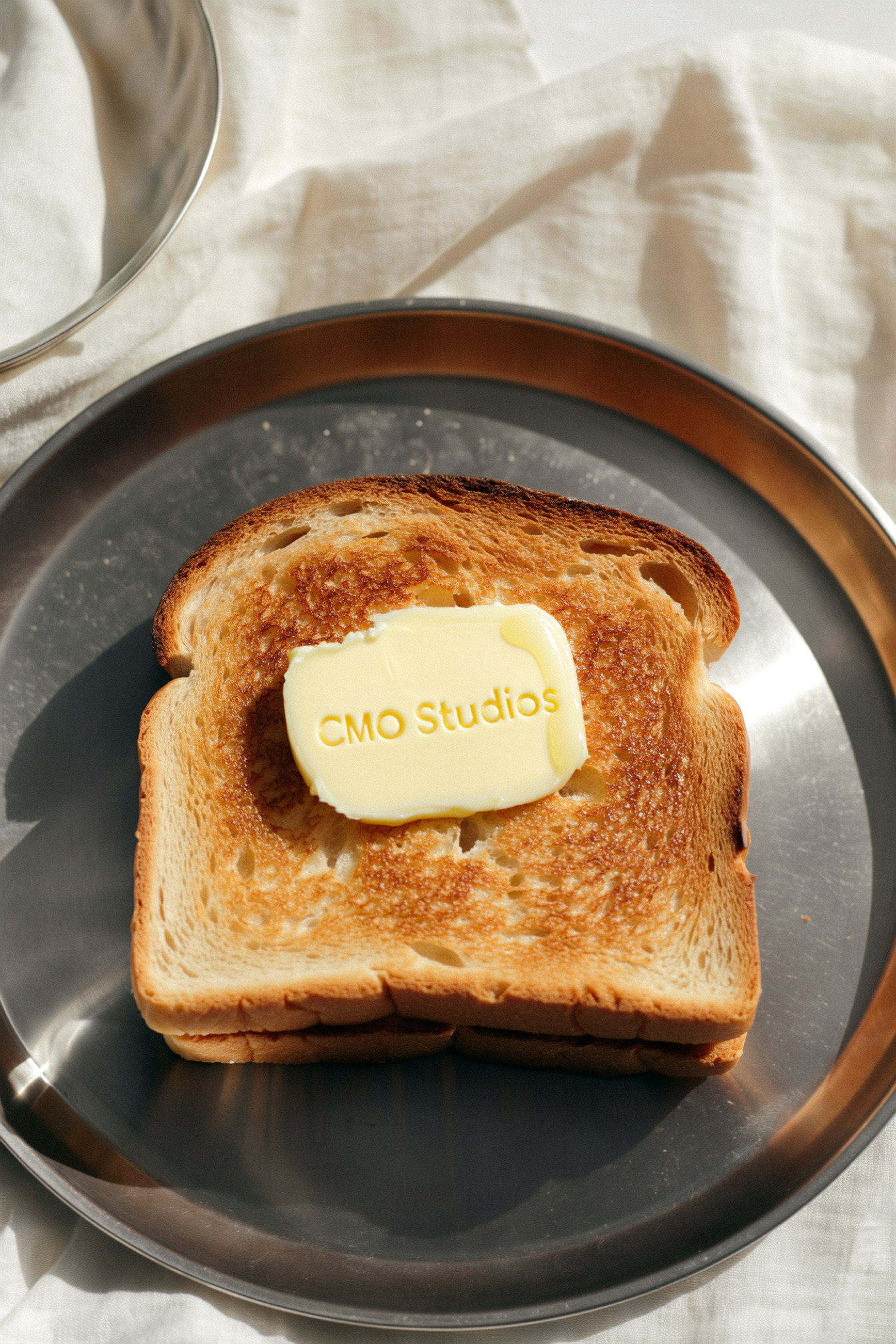 AI generated image of a toast with butter, topped with logo created by CMO Studios