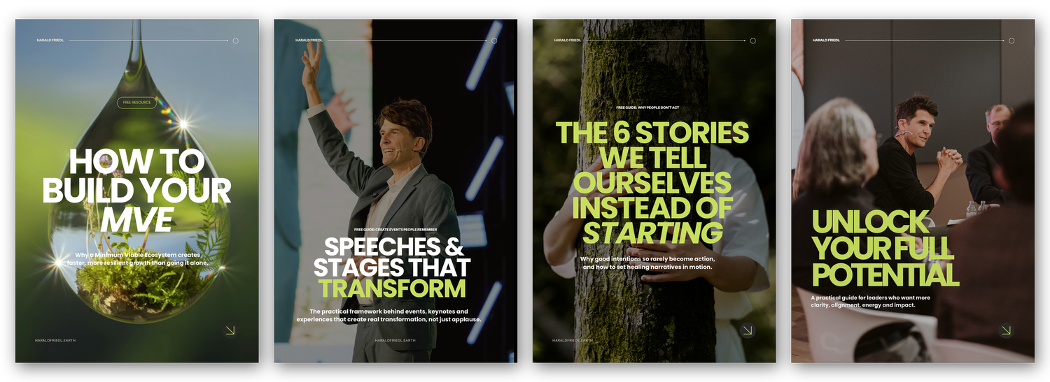 All four guide covers: How to Build Your MVE, Speeches & Stages That Transform, The 6 Stories We Tell Ourselves Instead of Starting, Unlock Your Full Potential