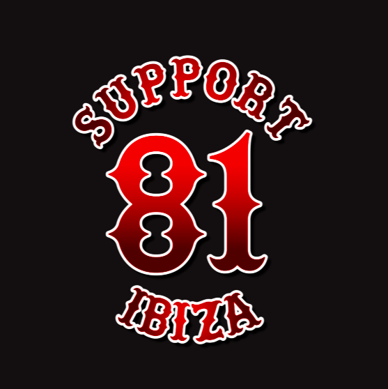 Fondo negro con texto rojo y blanco que dice "Support a 81 Ibiza".