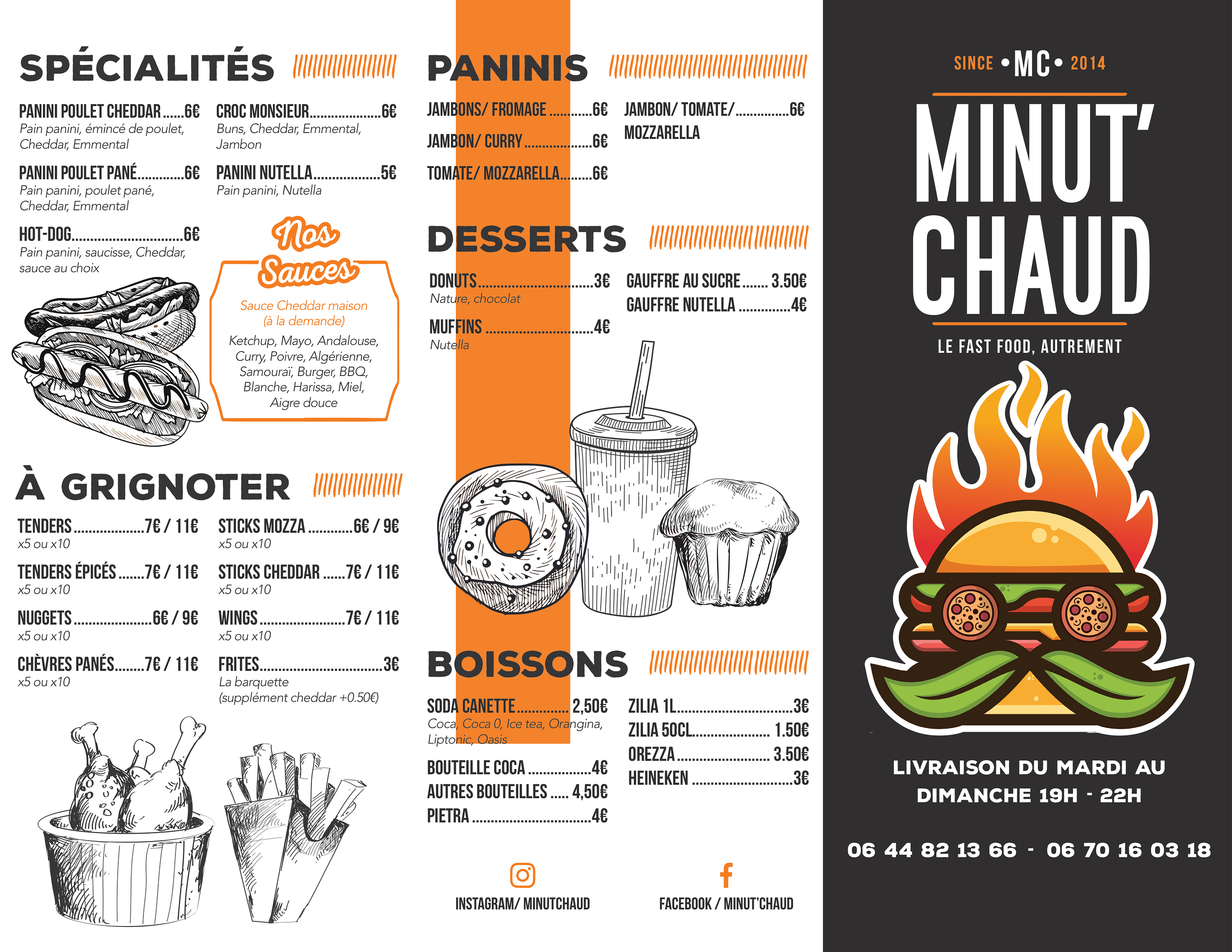 Menu de street food avec sections pour spécialités, paninis, desserts, à grignoter, boissons, et informations de livraison sur un fond noir, avec une illustration d'un burger en flammes.