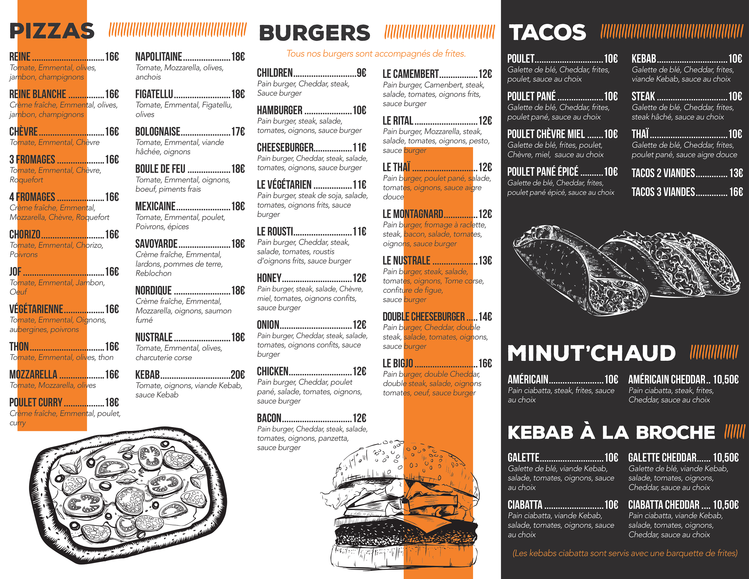 Menu de restauration proposant diverses pizzas, burgers, tacos, minute-chaud et kebabs à emporter. Illustrations de pizza et burger, avec prix pour chaque plat.