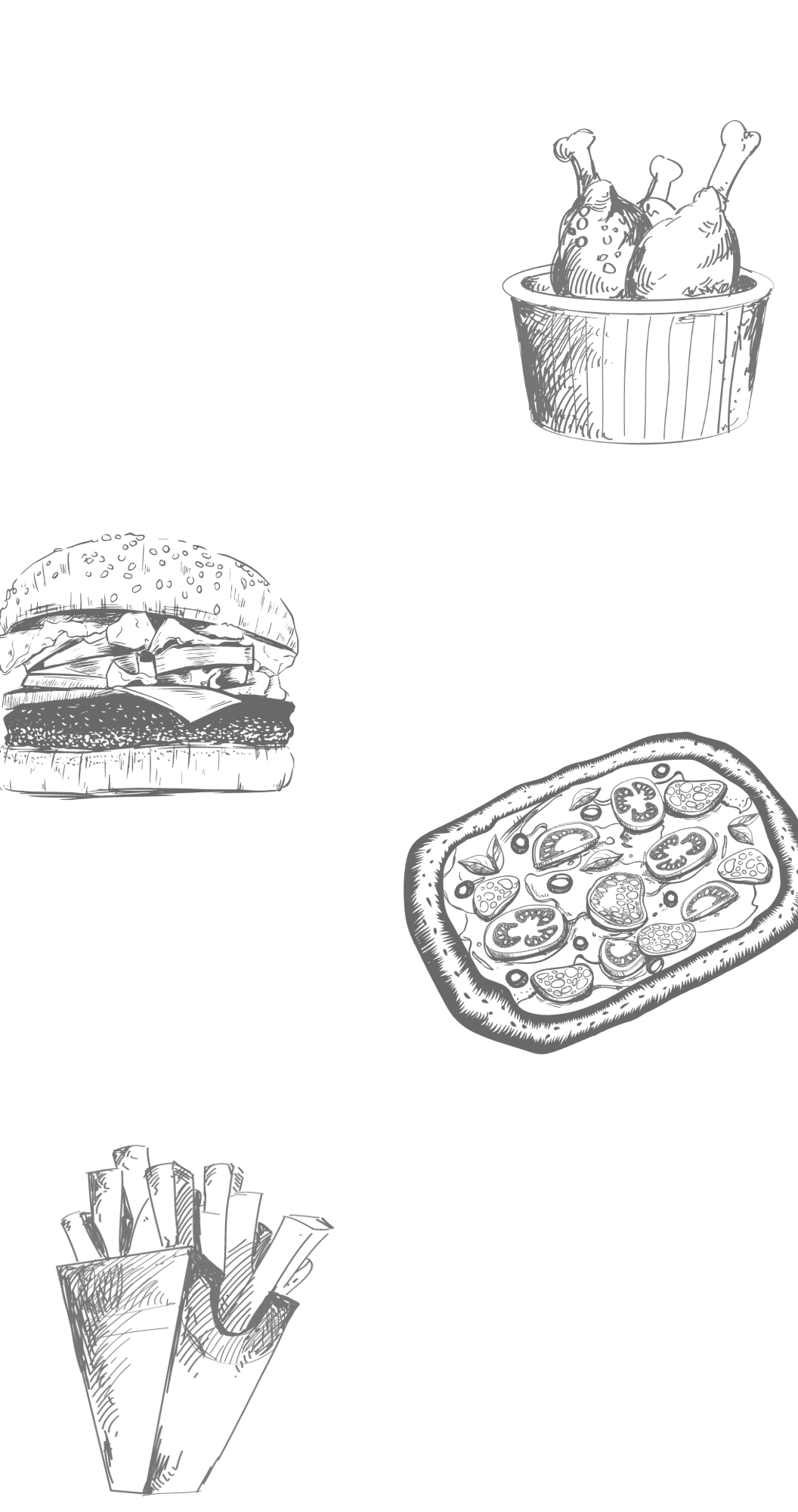 Illustration en noir et blanc de nourriture rapide : un hamburger, des frites, une pizza, du poulet frit, et un cytoplasme de poulet marin.
