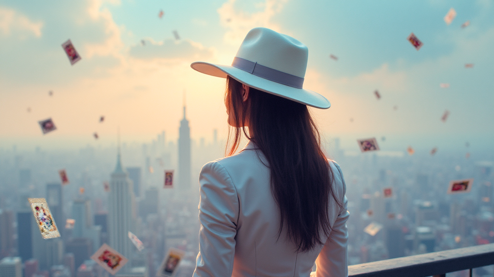 Femme vue de dos portant un chapeau blanc, regardant la skyline de New York au coucher du soleil, avec des cartes flottant dans l'air.