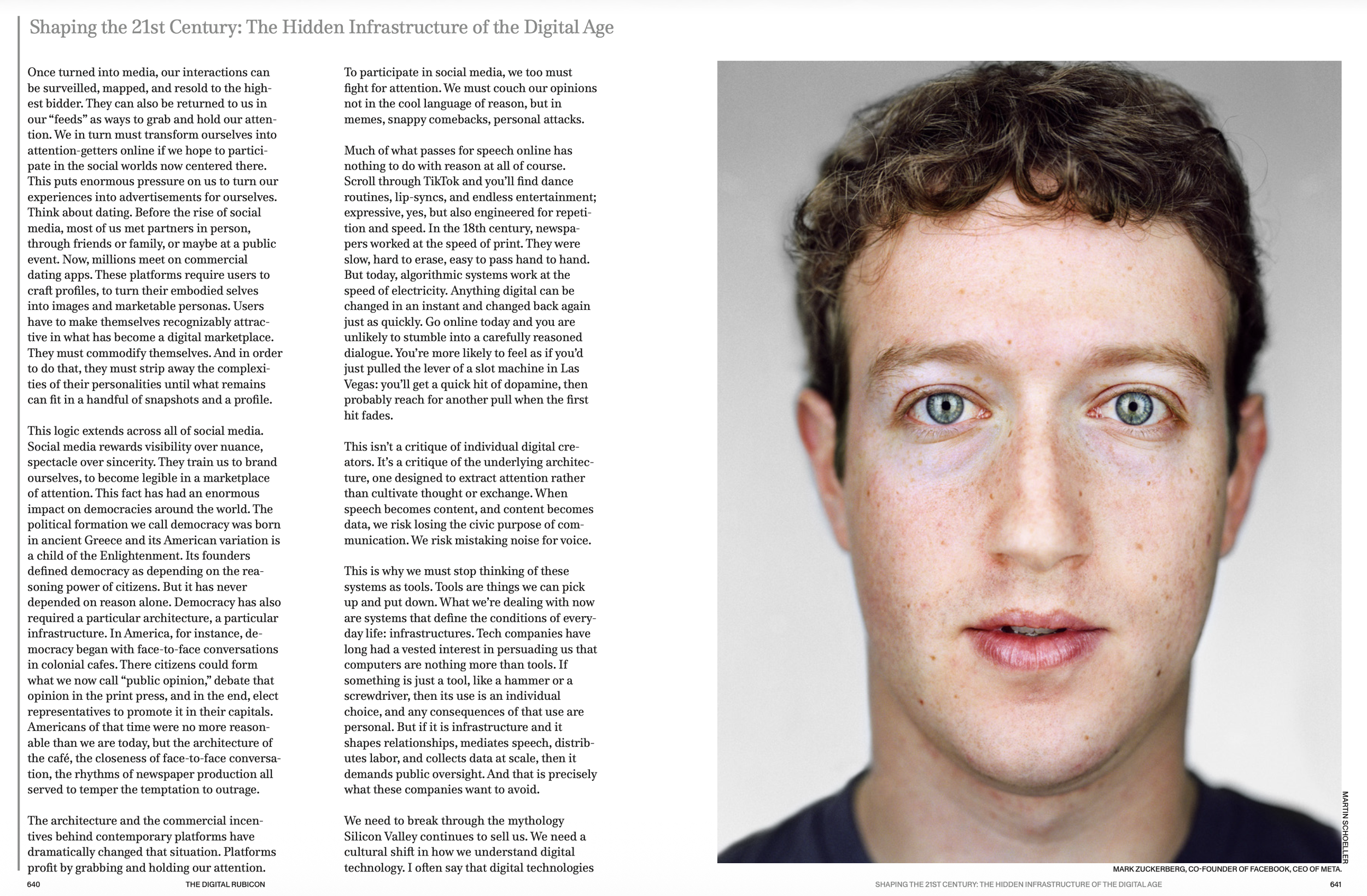 Close-up of a young man's face with short, curly brown hair, blue eyes, and freckles, on an open book page with text.