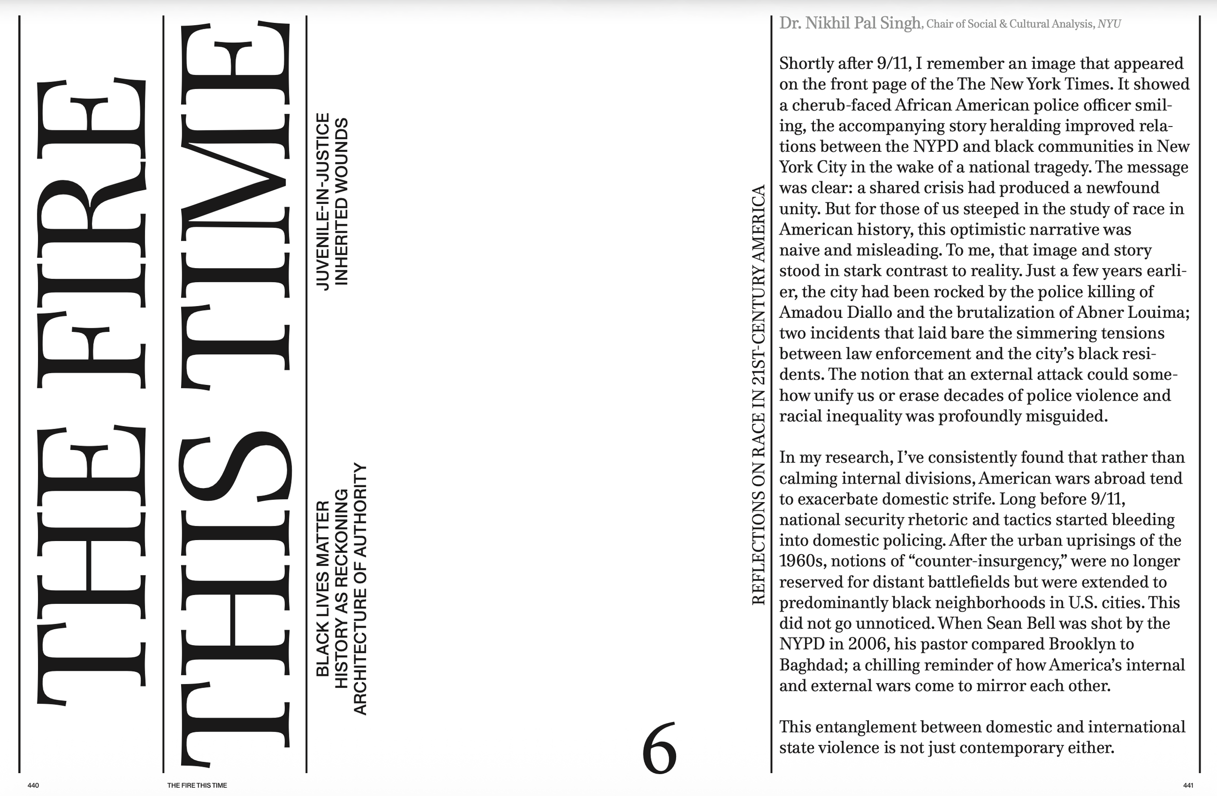 Page layout with large, bold text on the left side and paragraph of text on the right side. The large text reads 'THERE IS NO JUSTICE IN RACE'.