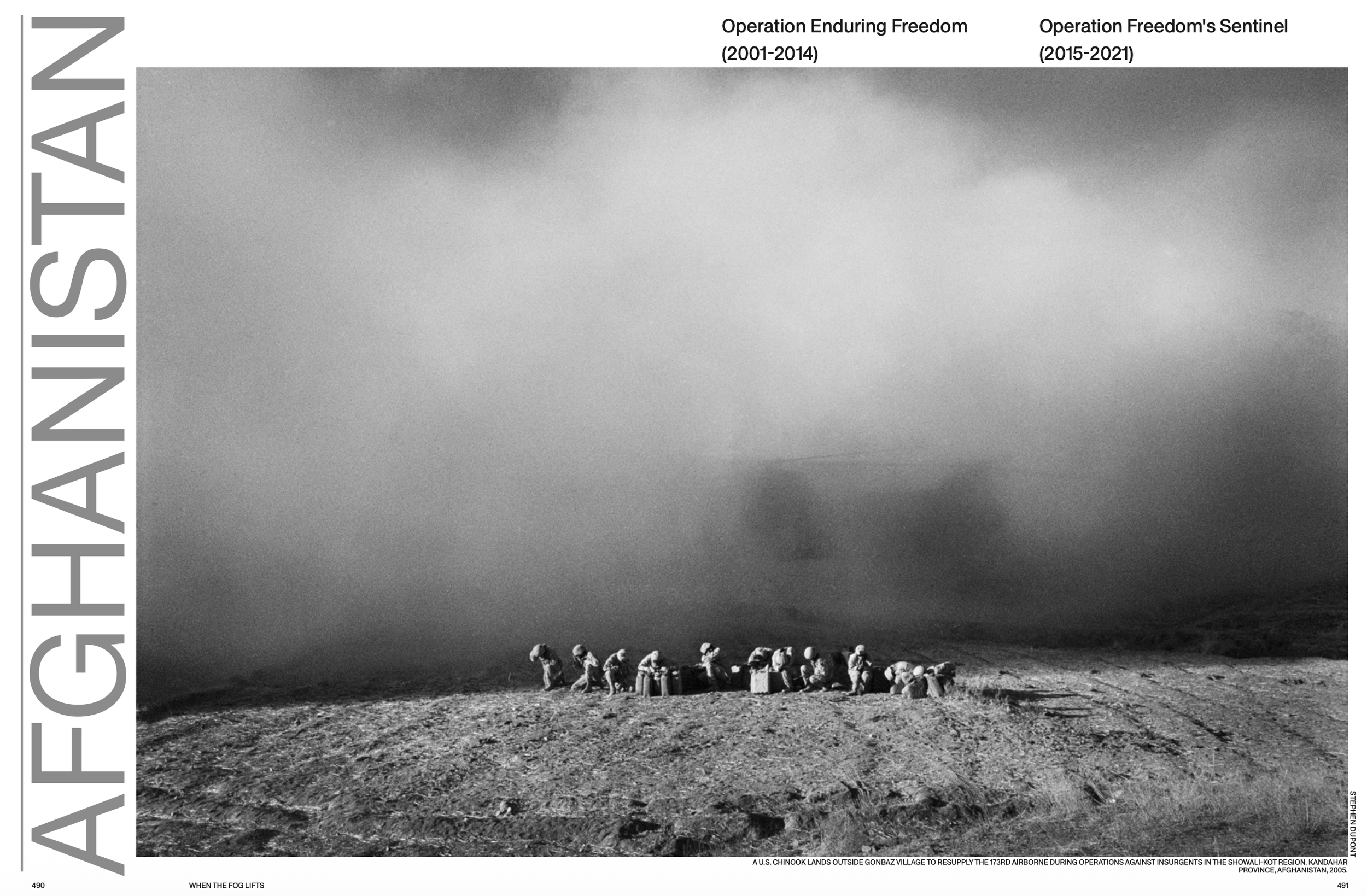 Black and white photograph of U.S. Chinook helicopters on the moon's surface during lunar operations in Afghanistan in 2005, with soldiers in the foreground and a smoky sky in the background.