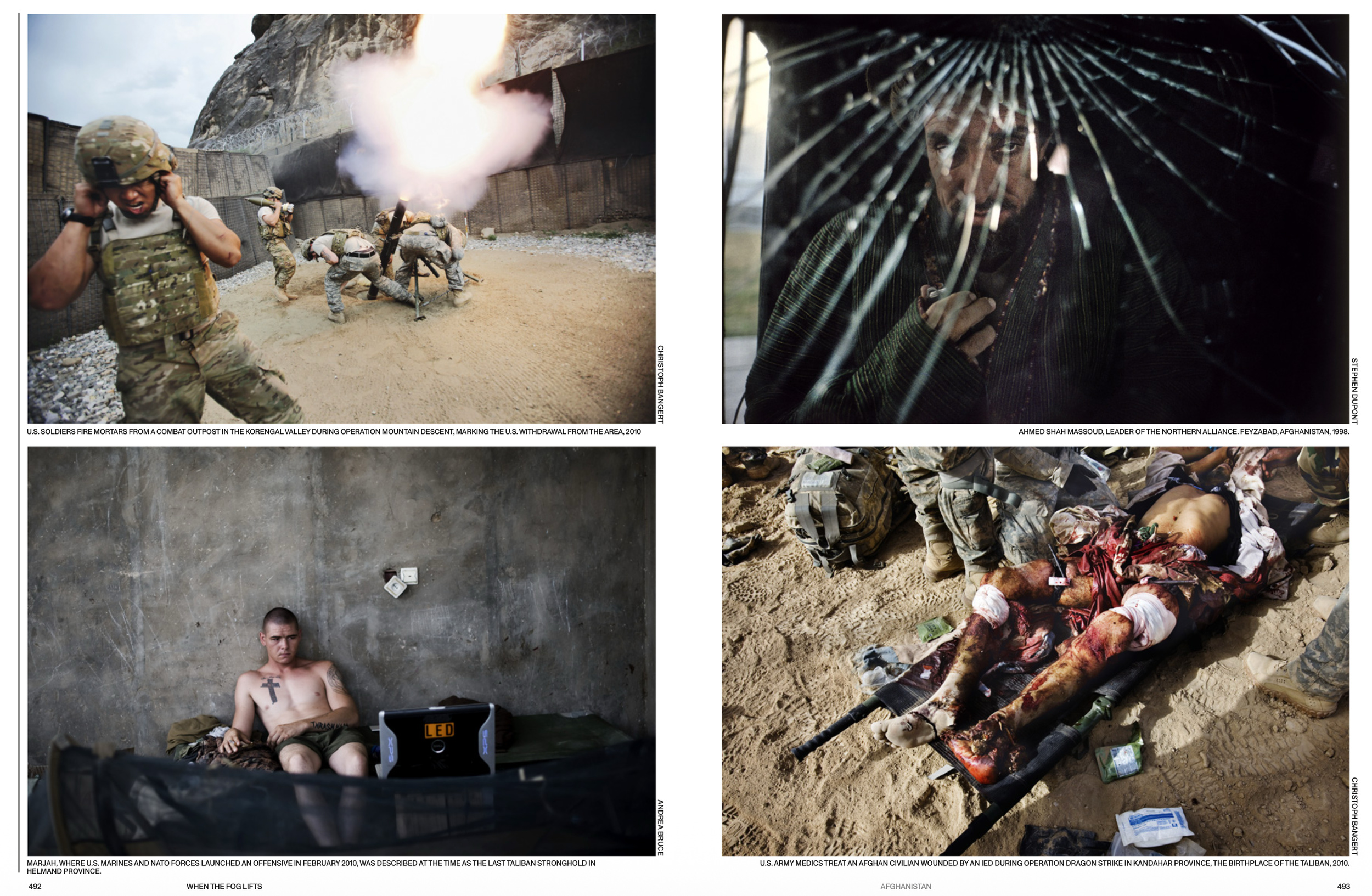 A collage of four photographs depicting scenes from military and conflict zones. The top left shows U.S. soldiers firing mortars from an outpost in Helmand Province, Afghanistan. The top right features a man, identified as Ahmed Shah Massoud, behind 