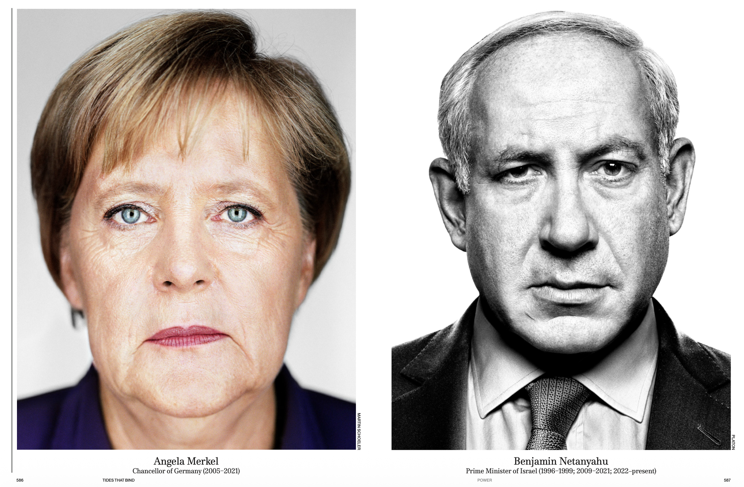 Side-by-side portraits of Angela Merkel, former Chancellor of Germany, and Benjamin Netanyahu, Prime Minister of Israel, with their names and titles beneath their images.