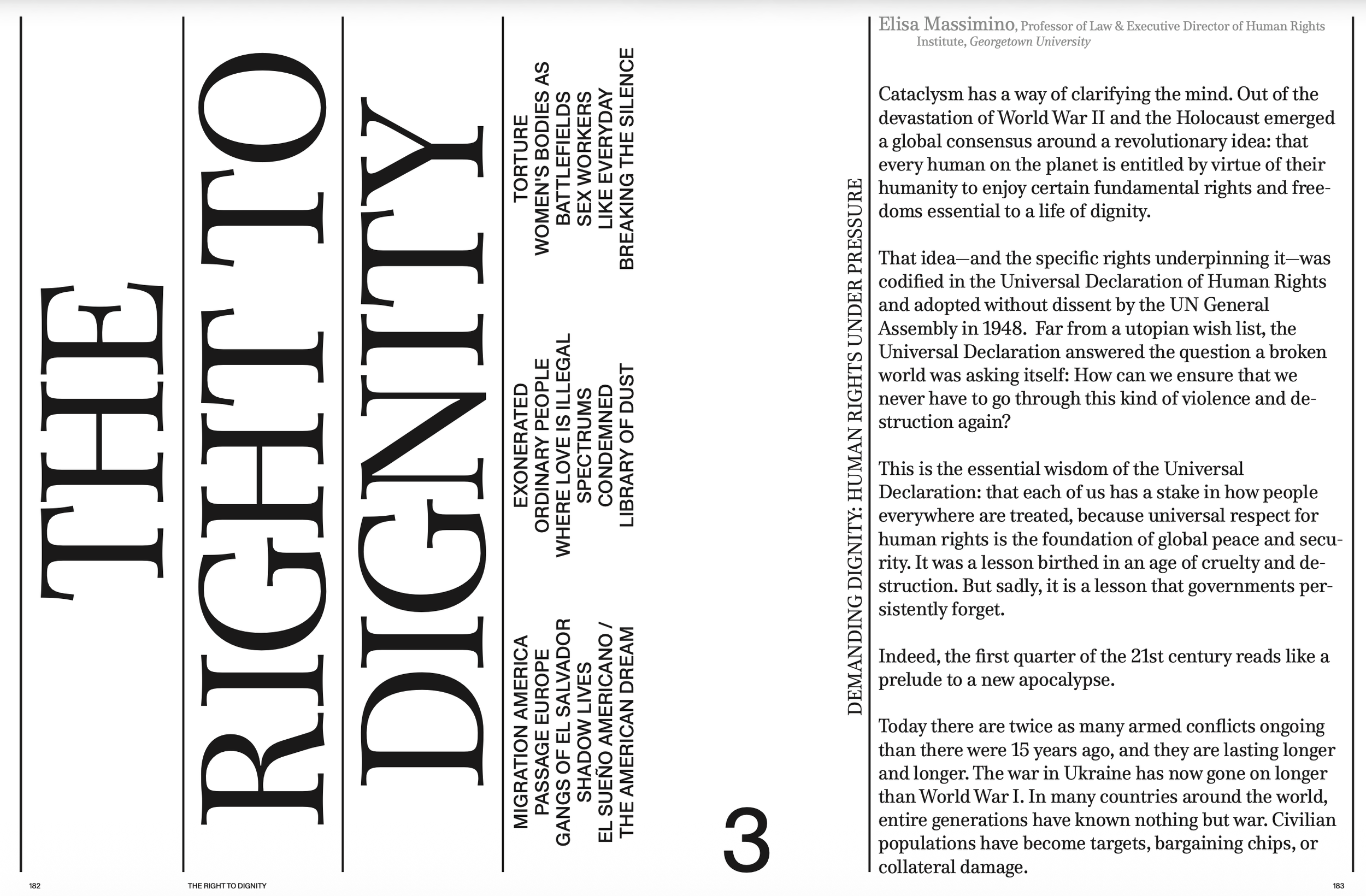 Page from a book or document featuring the title 'THE RIGHT TO DIGNITY' and text discussing the impact of wars, human rights, and global conflicts, with prominent words like 'EQUALITY,' 'FREEDOM,' 'SILENCE,' and 'SILENCE' in large, bold letters.