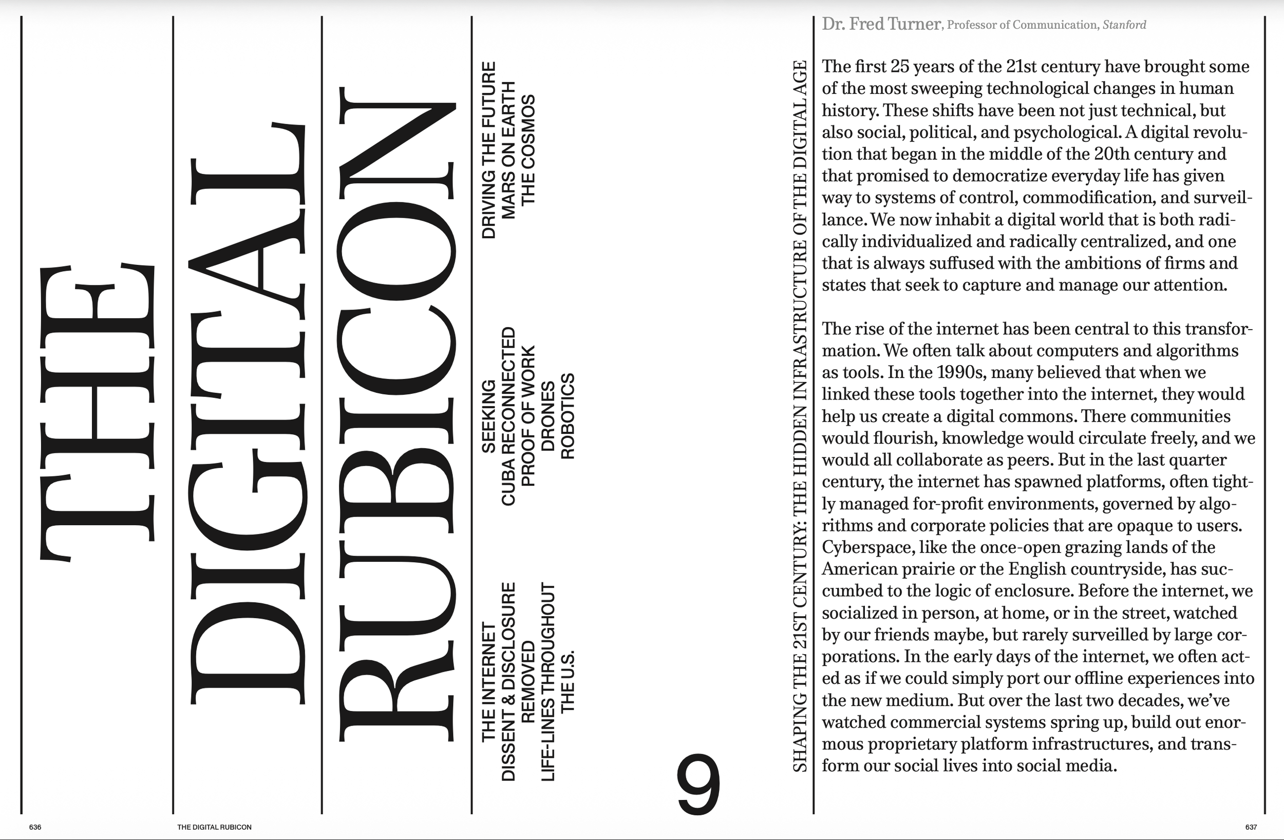 A page from a book or magazine discussing the history and impact of digital revolution and technology, with large vertical text on the left side reading 'THE FUTURE OF THE DIGITAL AGE' and a column of smaller text on the right.