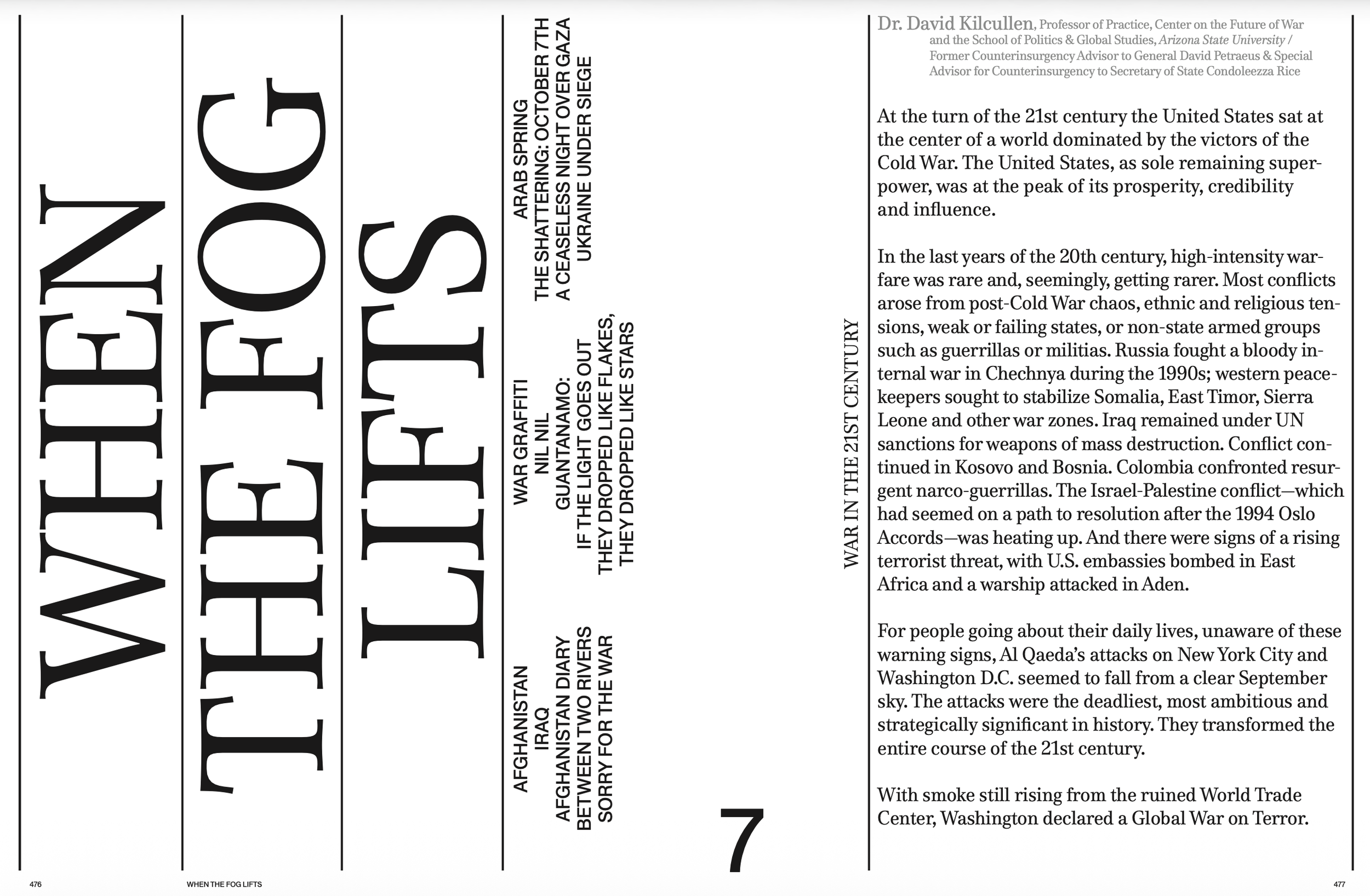 Page from a magazine featuring a large bold headline titled 'WHEN THE FOG LIFTS,' followed by smaller headlines and text discussing geopolitical conflicts, wars, and history, including references to Iraq, Afghanistan, Cold War, and the 21st century.