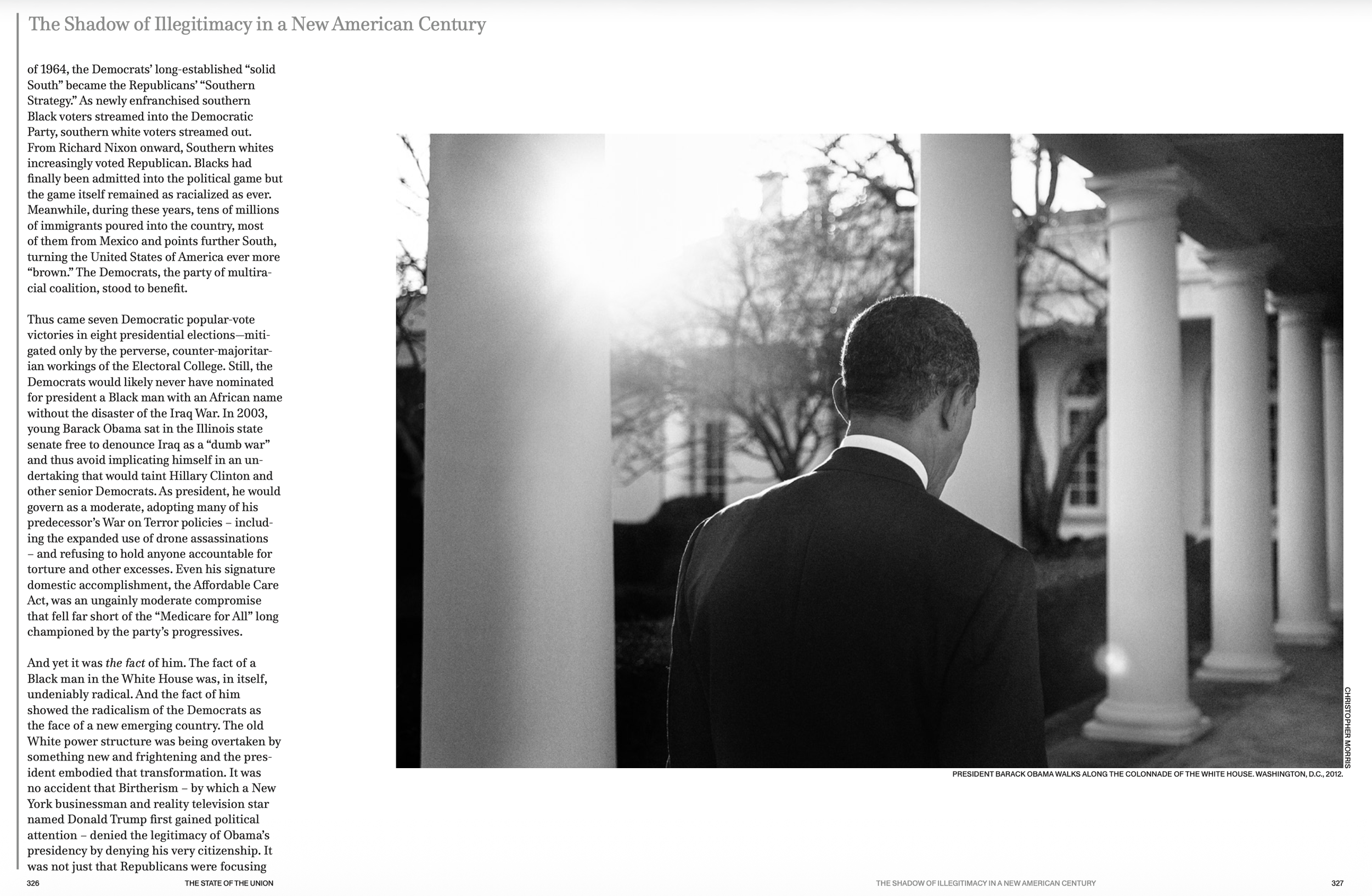 Black and white photograph of President Barack Obama walking along the colonnade of the White House, with trees in the background and sunlight shining through, captured in 2012.
