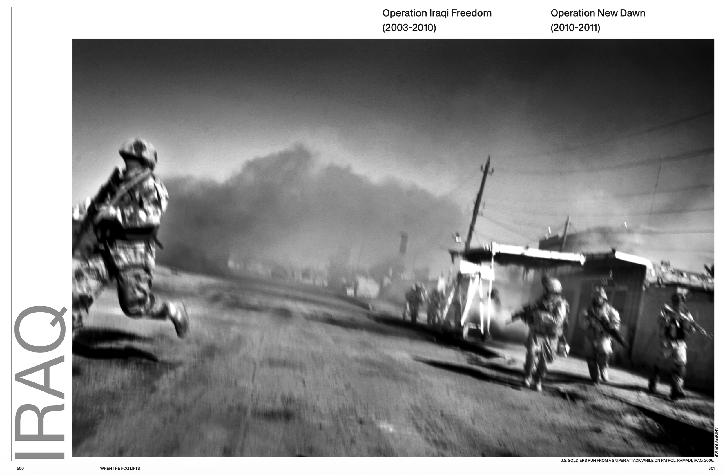 Black and white photograph of a military scene with a soldier in camouflage gear on the left and a destroyed helicopter on the right, with smoke and a cloudy sky in the background.