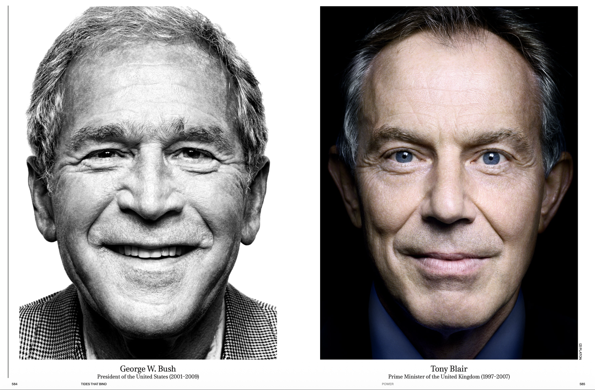 Comparison of two U.S. Presidents: George W. Bush on the left in a black-and-white photo, and Tony Blair on the right in a color photo. Bush is smiling and wearing a checkered suit, while Blair has a serious expression with a dark background.