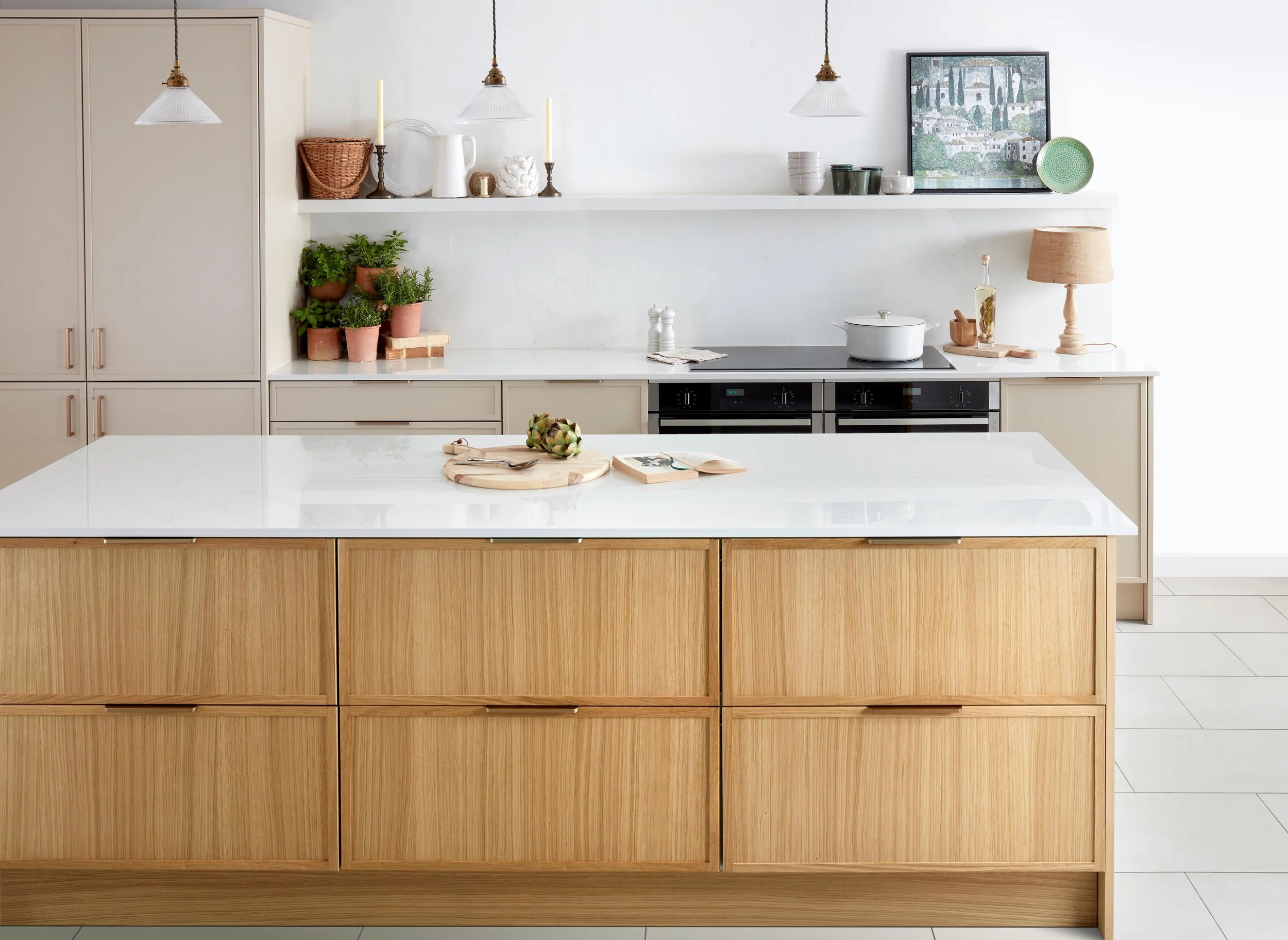 Elegant micro shaker kitchen in a North London home, with a light timber island, clean-lined cabinetry and modern minimalist styling
