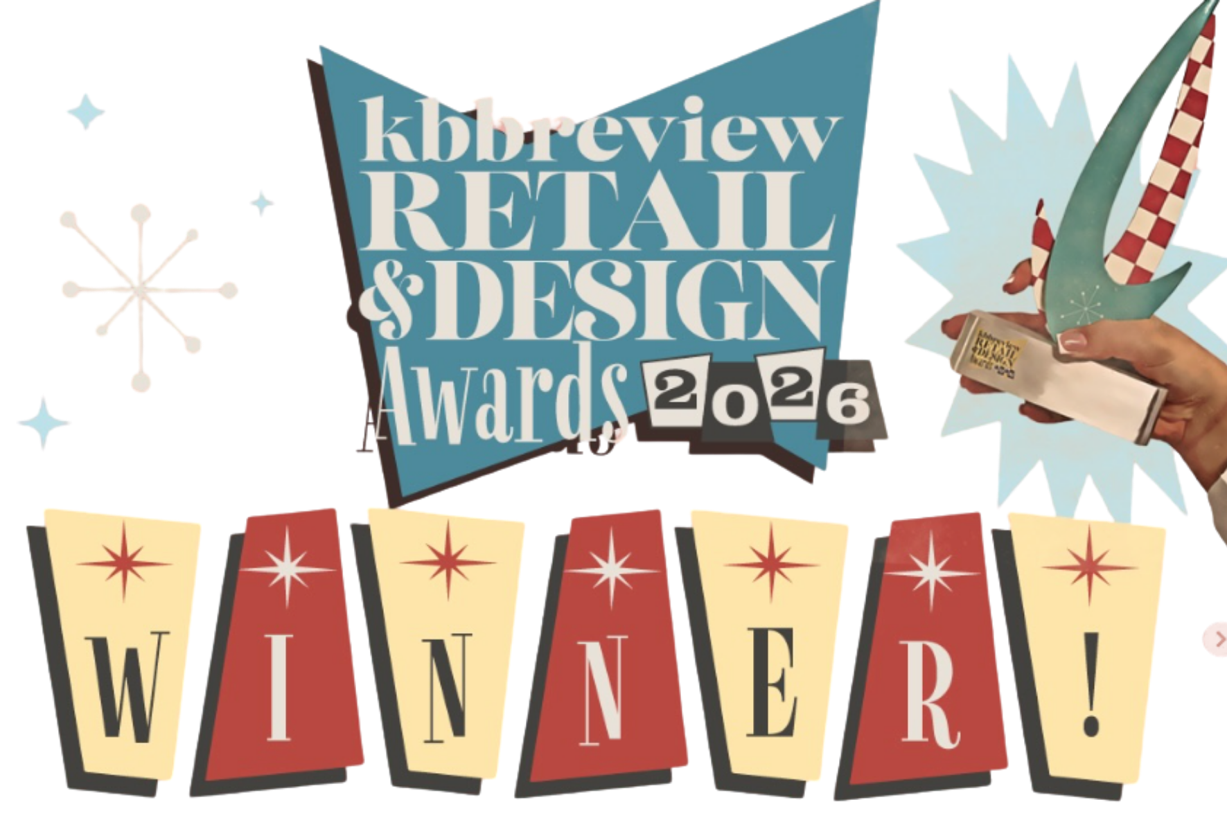 Decorative awards for the 2026 KB Review Retail & Design Awards featuring a hand holding a trophy with a blue burst background, festive banners, and a banner with the word "Winner".