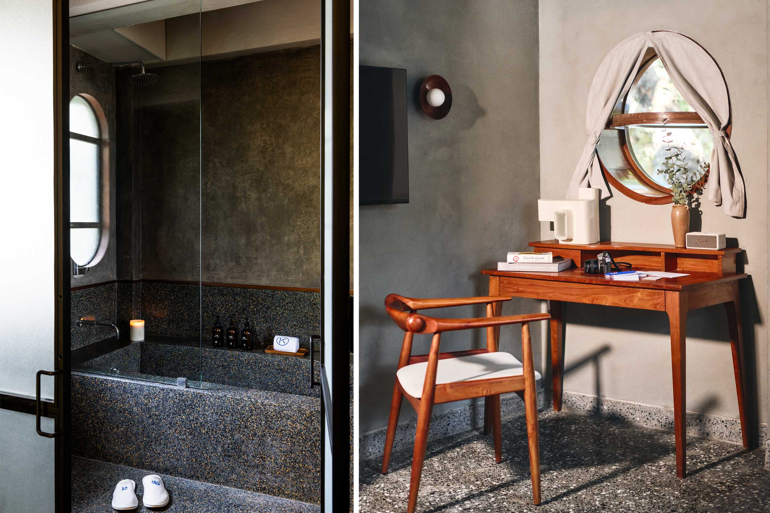 The Kin Hotel Mumbai India bathroom with sunken bathtub, minimalist design, muted earthy tones, natural sunlight, and serene luxury interiors, mumbai getaway