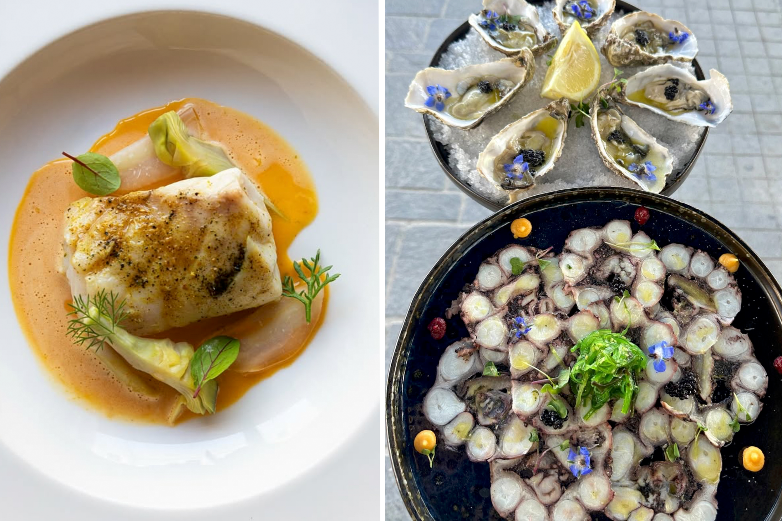 Malta food travel seafood Grouper, razor clams and artichokes in ‘nduja broth, and oysters. Image credits: Tartarun and La Nostra Padrona.