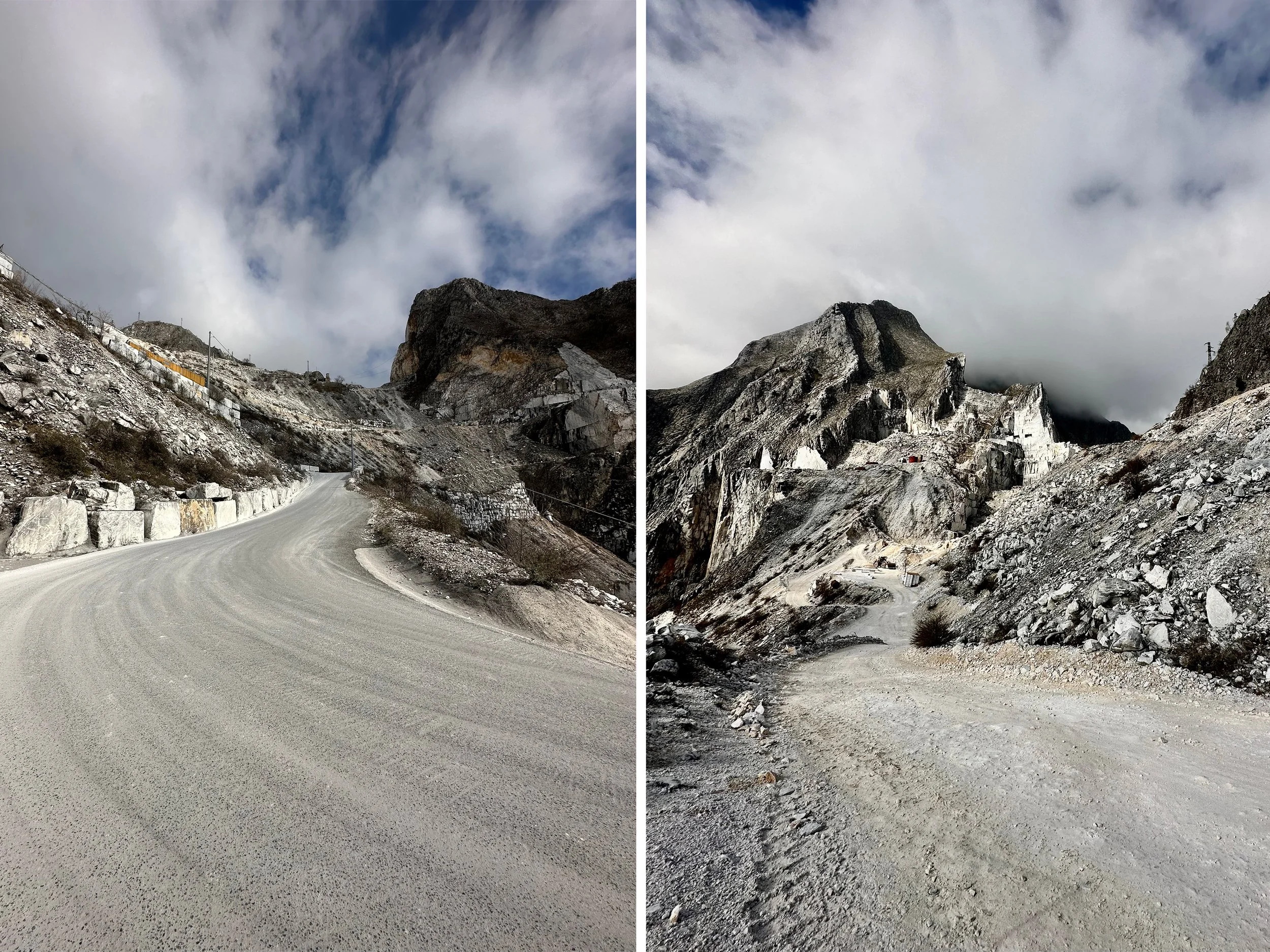 Carrara marble quarries in the Apuan Alps, Tuscany, Italy, dramatic white marble mountains under blue Mediterranean sky
