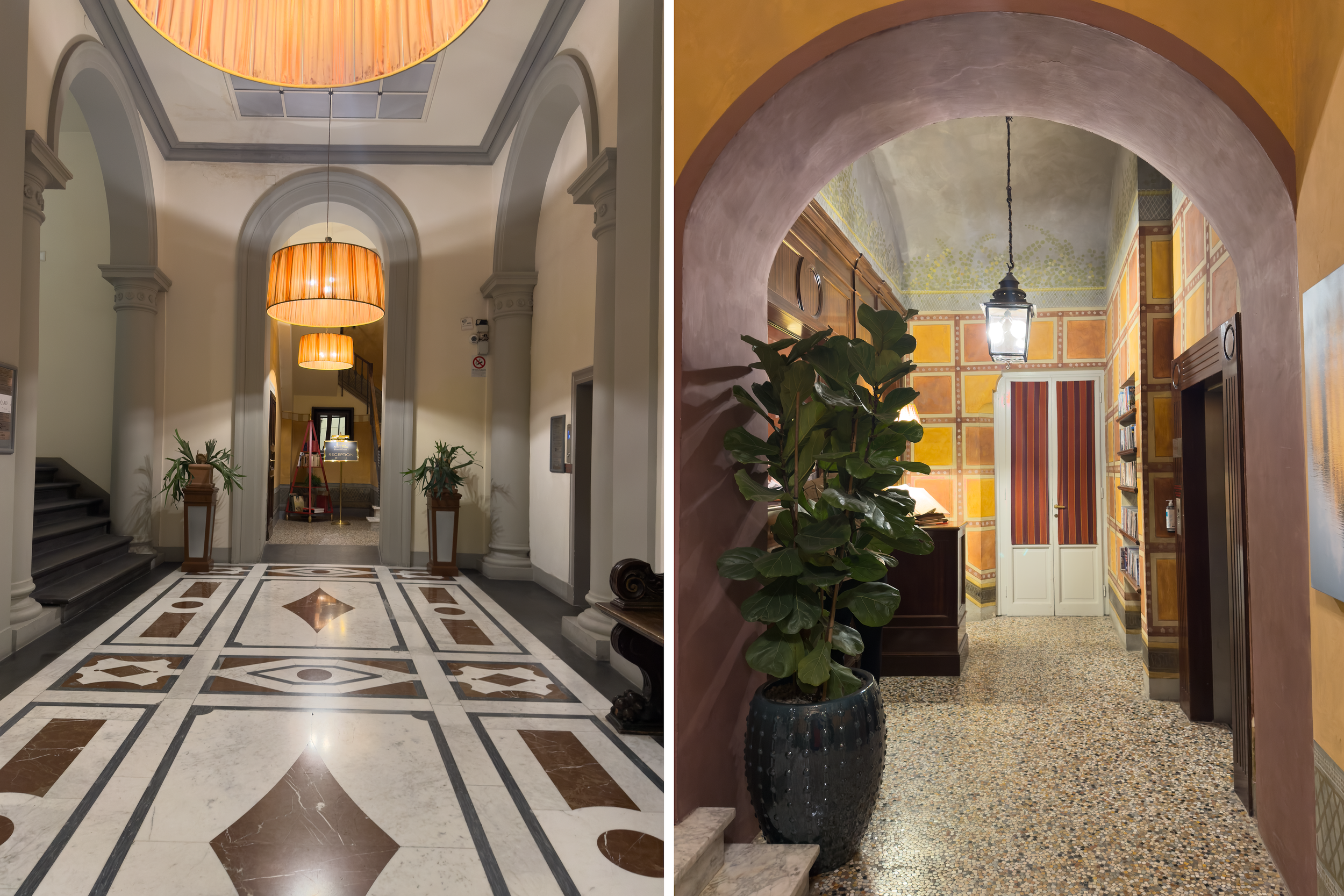 Historic luxury hotel in Florence city centre with engraved timber entrance doors, polished white, grey and chestnut marble floors, vaulted arches, amber pendant lighting and restored heritage interiors of the former Pensione Piccioli.