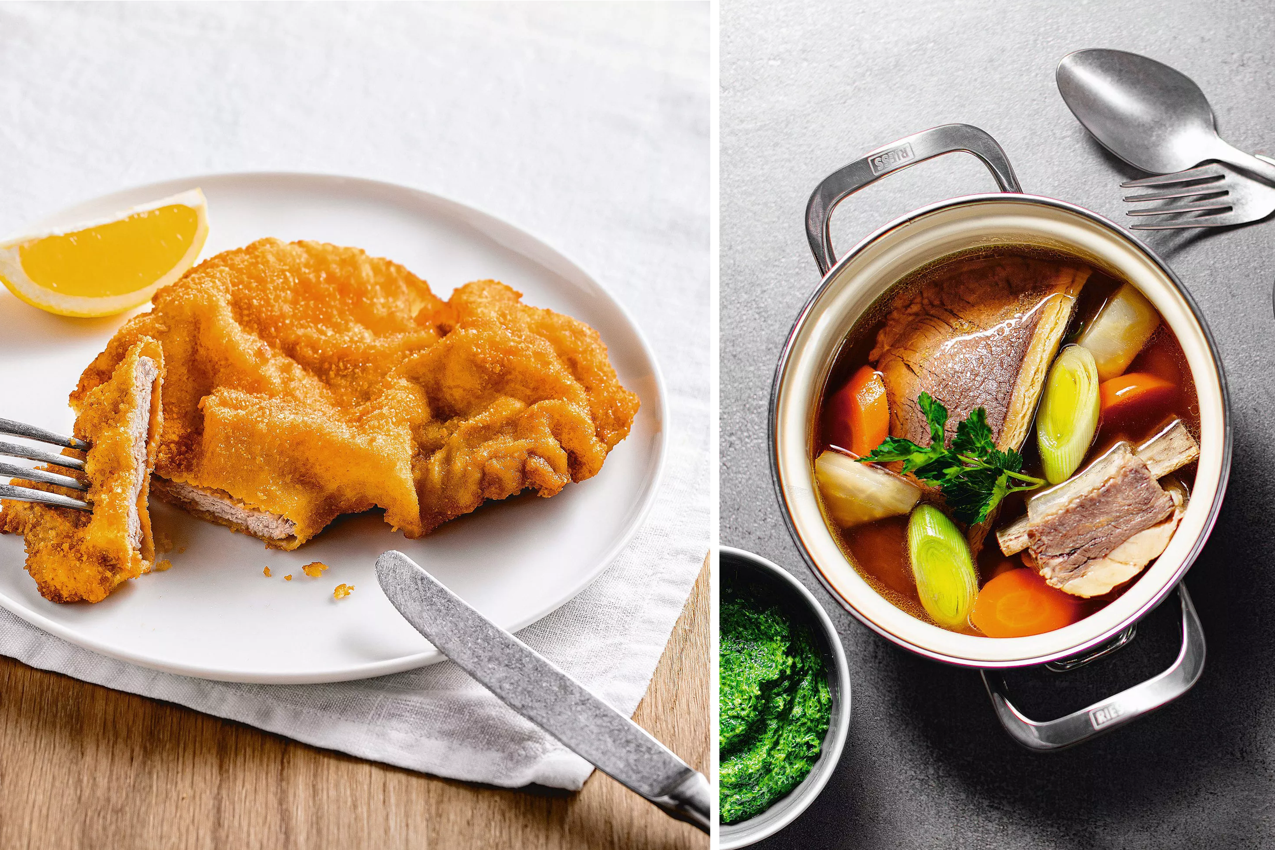 Traditional Viennese food in Vienna, Austria, Wiener Schnitzel, Tafelspitz and goulash with Grüner Veltliner food and wine in Vienna Austria