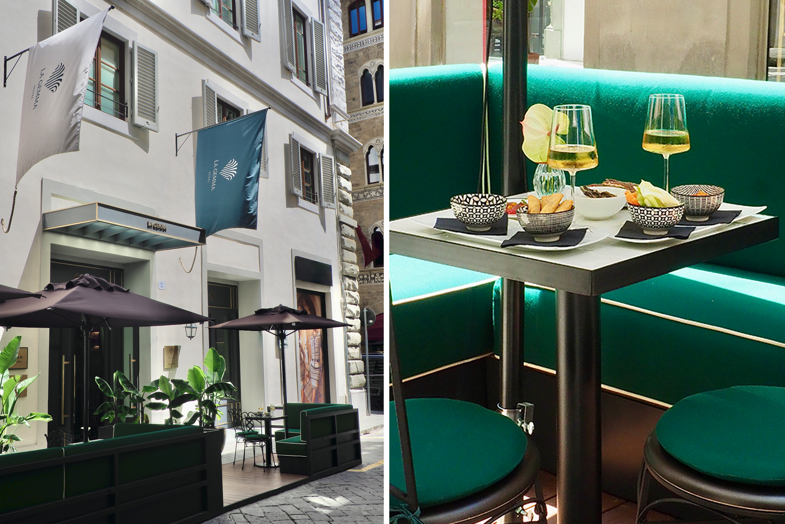 Luxury sit-out area at La Gemma hotel in central Florence, featuring a welcome spread of champagne, taralli, wafers, biscotti, olives, and gourmet snacks, perfect for relaxing in the heart of Florence, La Gemma, Tuscany, Italy, travel