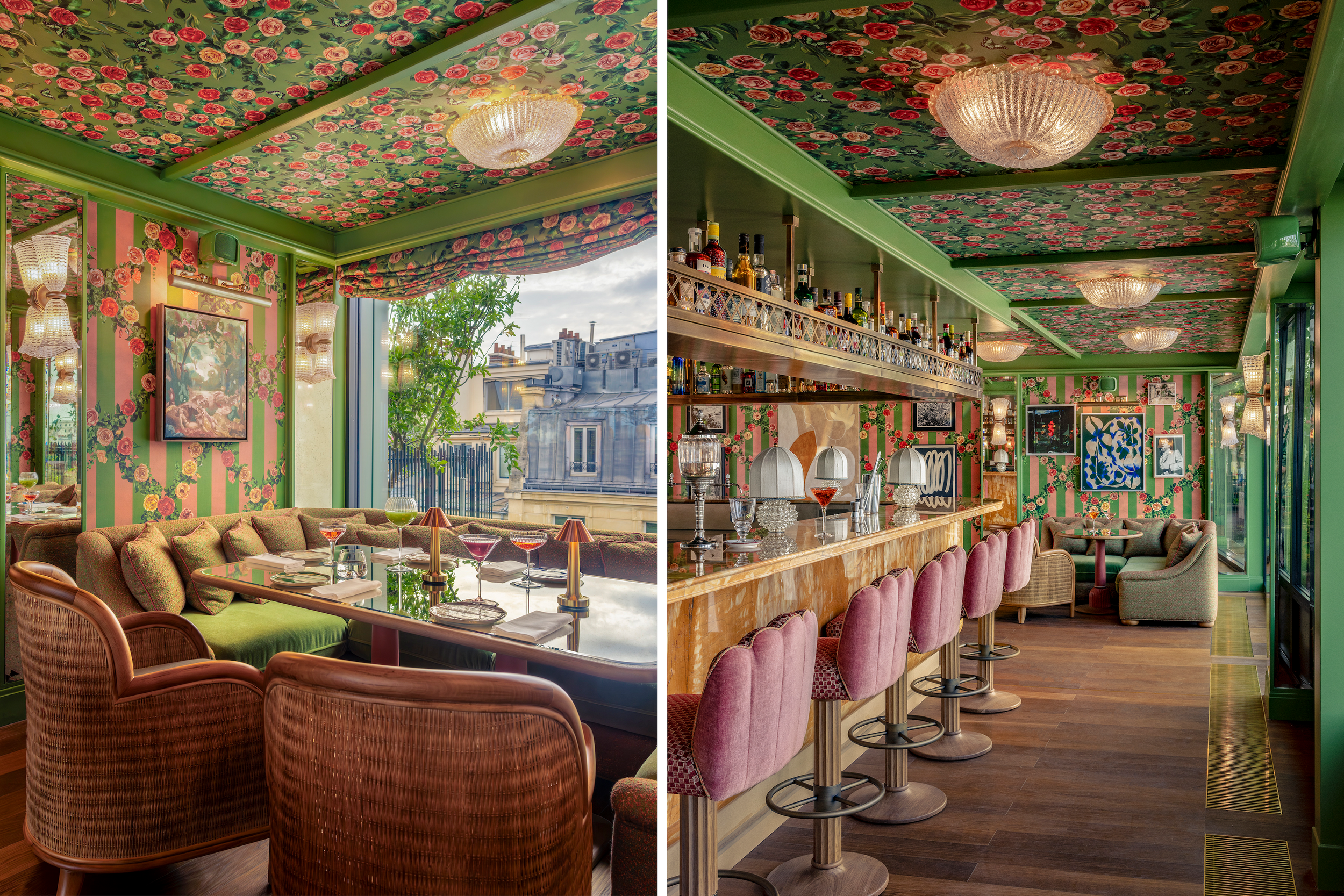 La Fantaisie Mumbai India Jardin garden seating with lush greenery, cocktails and tea, stacked sandwiches and cookies, plus Rooftop Bar with floral wallpaper, golden onyx accents, and velvet-pink stools in whimsical maximalist design