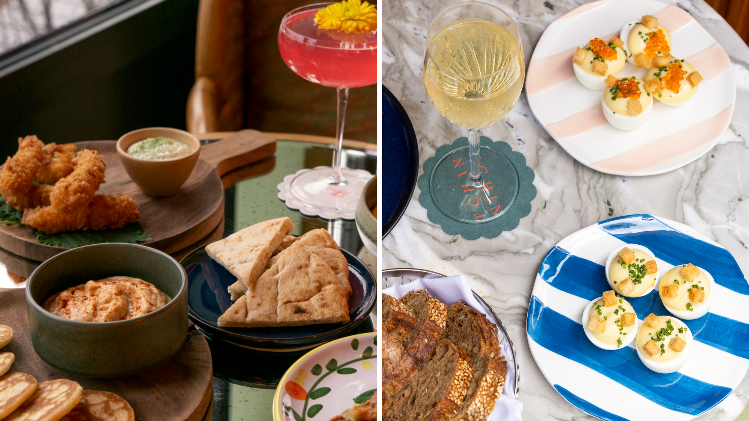 Prawn Tempura, hummus, Pâté en Croûte, Oeufs Mimosa, Croque-Monsieur, Foie Gras, Spaghetti with Clams, French-style baked fish, Mushroom Carpaccio, and Rigatoni with Truffle Cream and Parmesan