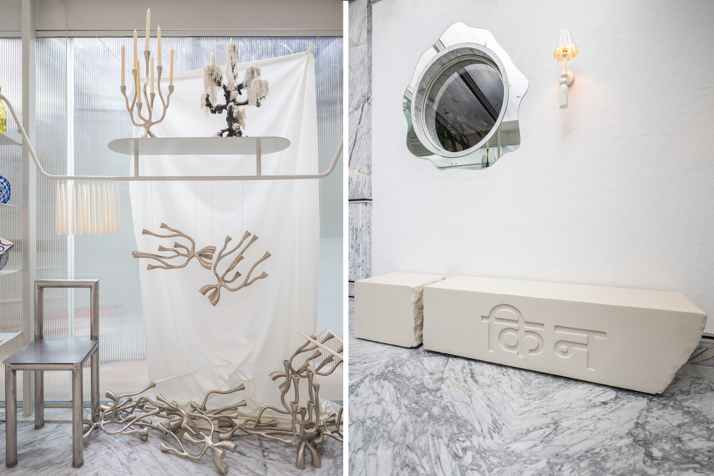 The Kin Hotel Mumbai India facade with monochrome signage, tree-lined entrance, and guests gathering outside Tertulia restaurant enjoying wine, music, and evening ambiance, Candelabras, mirrors, and seating for sale