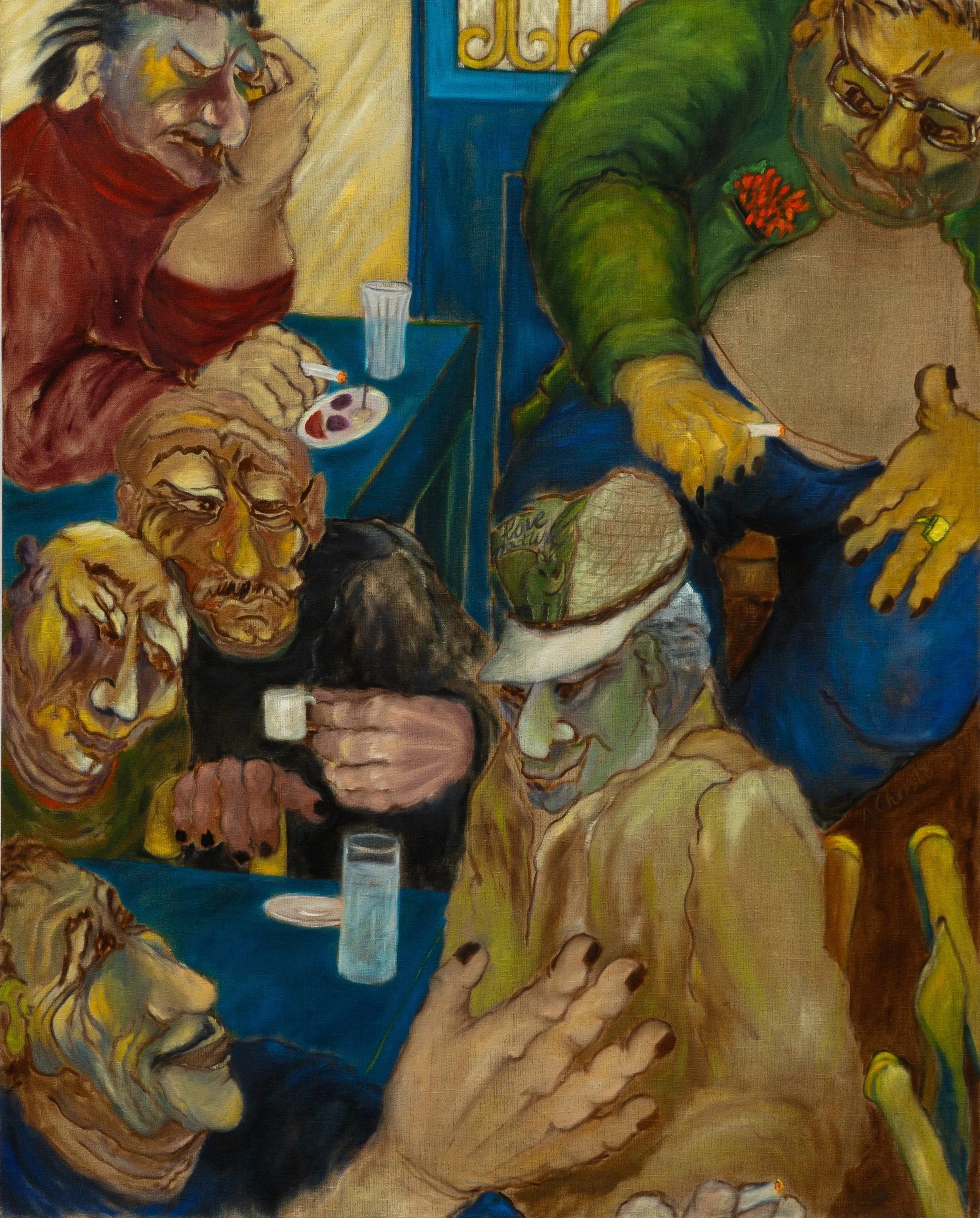 An oil painting featuring a seated woman with glasses and a green shirt, and a man with a mustache wearing a red shirt. The woman is holding a cigarette near her lips and appears to be focused on something in front of her, while the man is taking notes at a desk. The background includes blue furniture and a beige wall, with a glass of water and a small paint palette on the table.