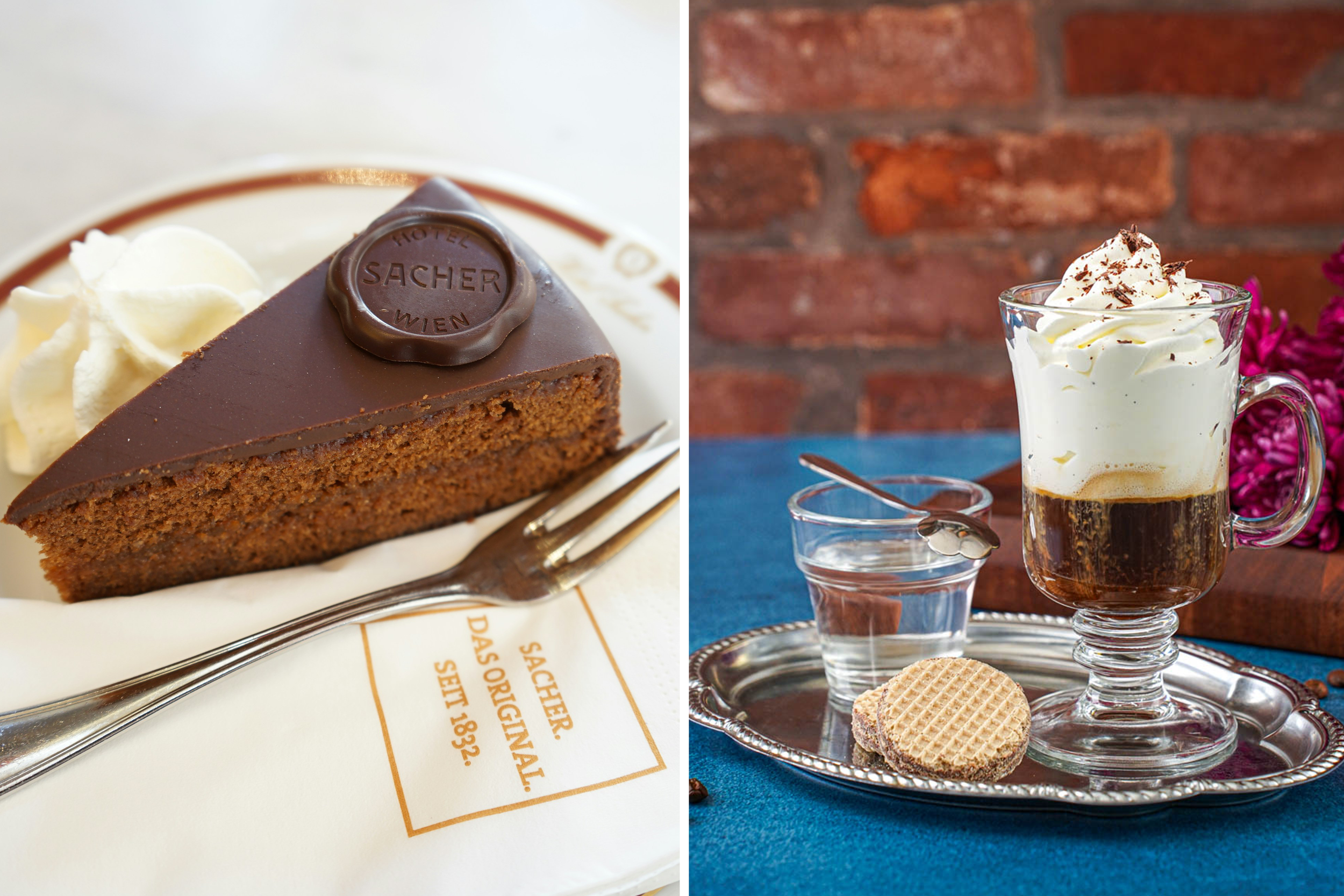 Viennese Kaffeehaus culture in Vienna, Austria, Einspänner coffee and Sachertorte at Café Sacher and Café Demel