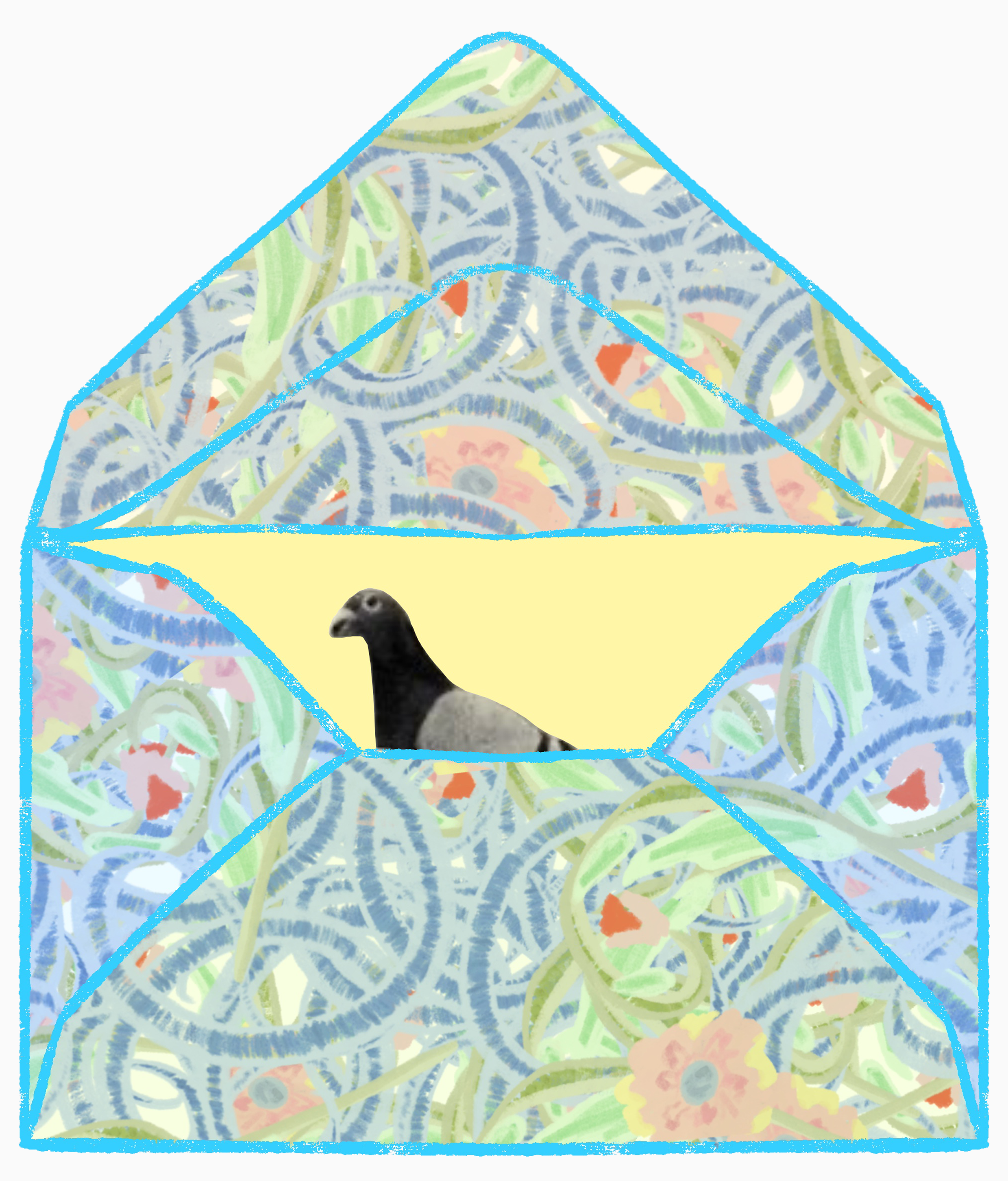 A colorful, abstract drawing of a house with a black bird standing outside.